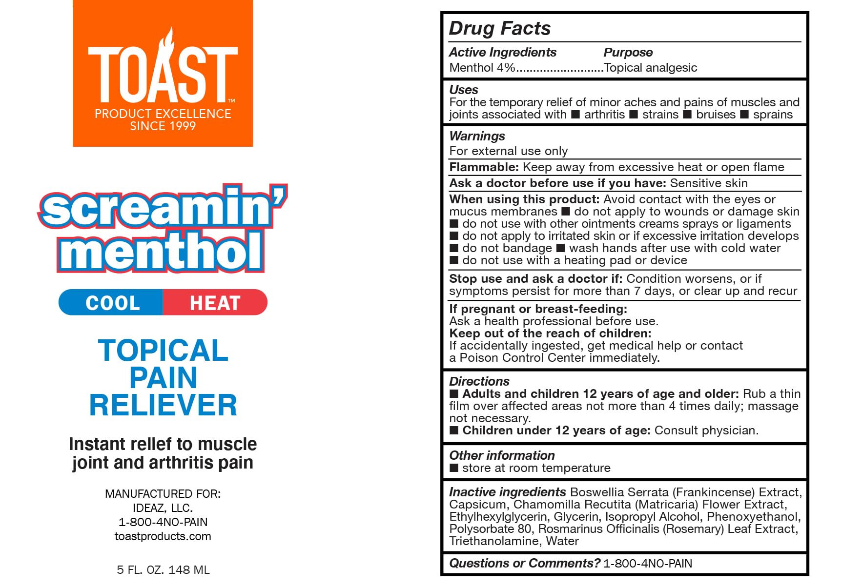 Toast Screamin Menthol Cool Heat Topical Pain Relief Cream for Muscles and Joints - 5 Ounces Toast uk supplements