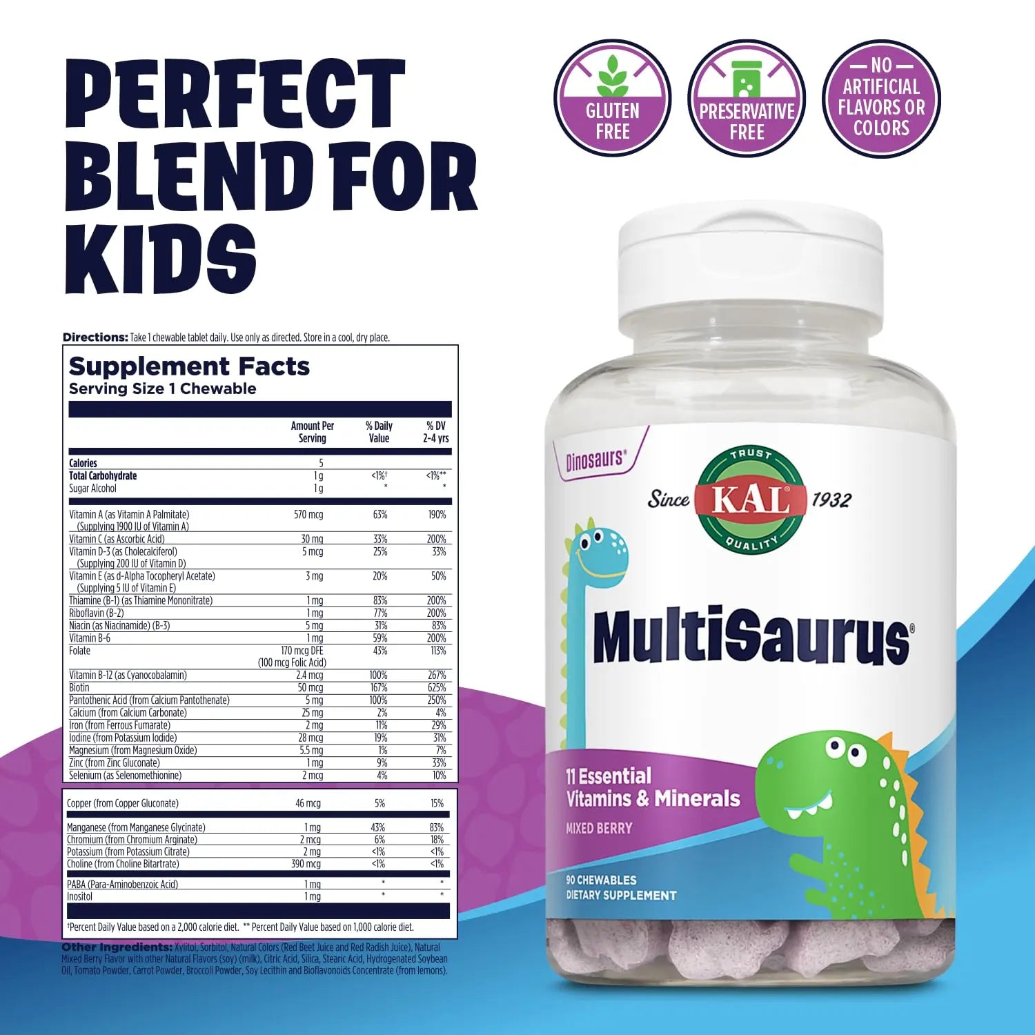 KAL MultiSaurus Kids Chewable Multivitamins, 11 Essential Vitamins and Minerals for Kids, Mixed Berry Flavor, Gluten and Preservative Free KAL uk supplements