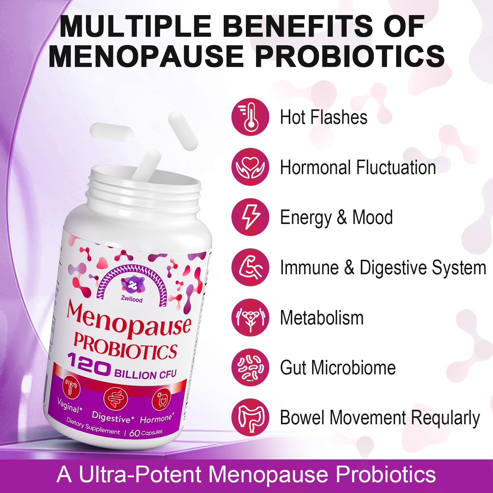 Menopause Supplements for Women, 120 Billion CFU Menopause Probiotics for Women, All-Natural Probiotic for Hot Flashes Menopause, Night Sweats, Mood Swings, Gut and Hormone - 60 Herbal Capsules Zwllood uk supplements