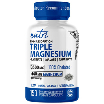 Nutri Triple Magnesium Complex 440mg - Magnesium Glycinate, Malate, & Taurinate - 100% Chelated for Maximum Absorption - 120 Vegan Capsules - Triple Complex Magnesium - Magnesio Triple Complex Nature's Fusions uk supplements