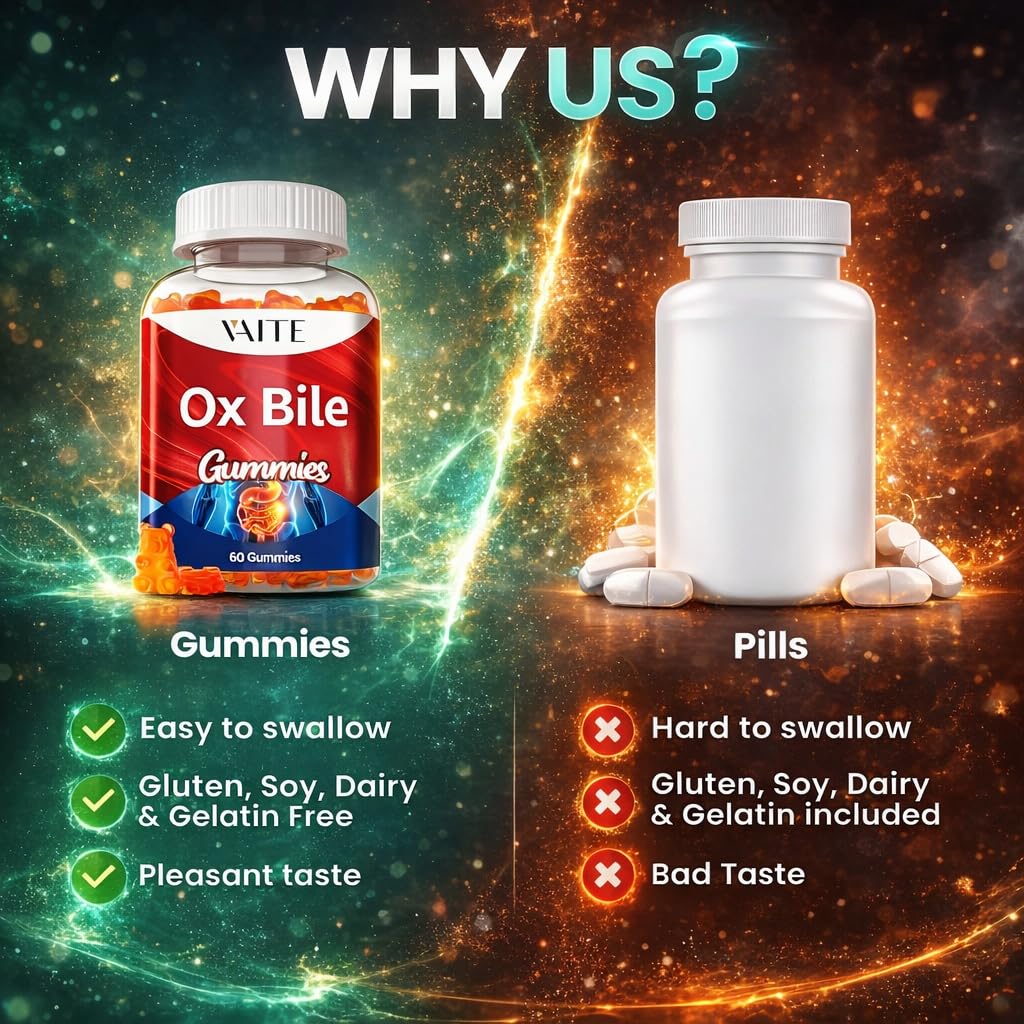 VAITE Ox Bile Gummies – 500mg Digestive Support for Gallbladder & Gut Health – Non-GMO, Sugar-Free Supplement – Helps Nutrient Absorption & Bile Flow – 60 Easy-to-Chew Bile Acid Chewables VAITE uk supplements