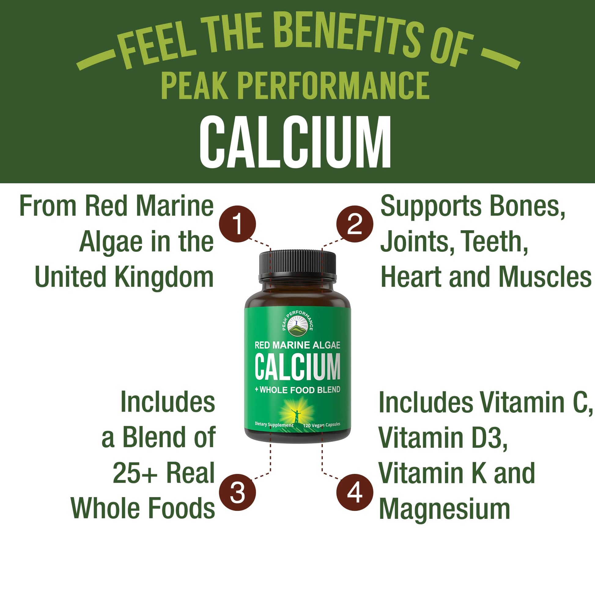 Plant Based Calcium - Red Marine Algae Calcium Supplement with Vitamin C, D3, K, Magnesium, and Whole Food Vegetable Blend. Vegan Capsules for Bones and Joints. 120 Pills, Tablets Peak Performance uk supplements