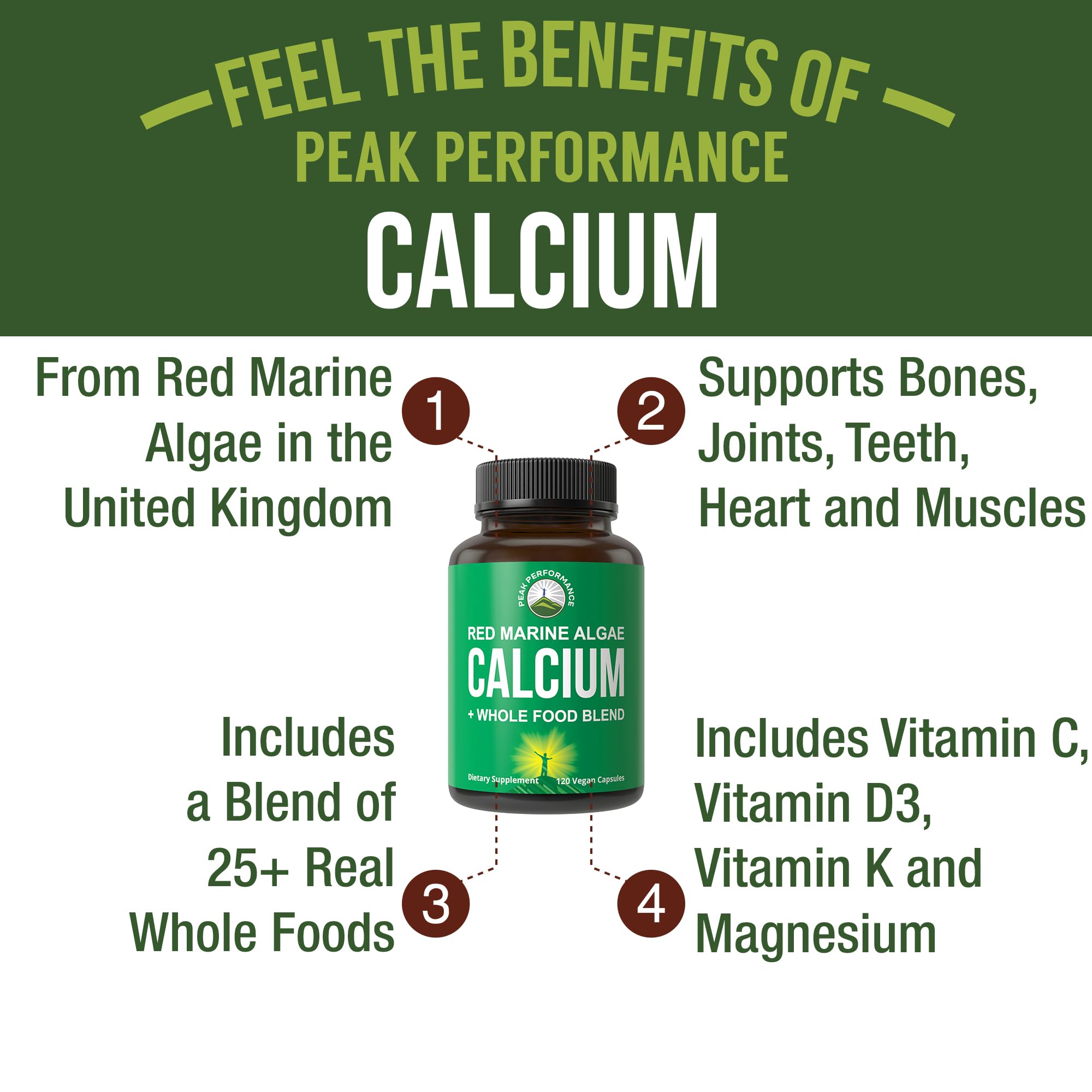 Plant Based Calcium - Red Marine Algae Calcium Supplement with Vitamin C, D3, K, Magnesium, and Whole Food Vegetable Blend. Vegan Capsules for Bones and Joints. 120 Pills, Tablets Peak Performance uk supplements