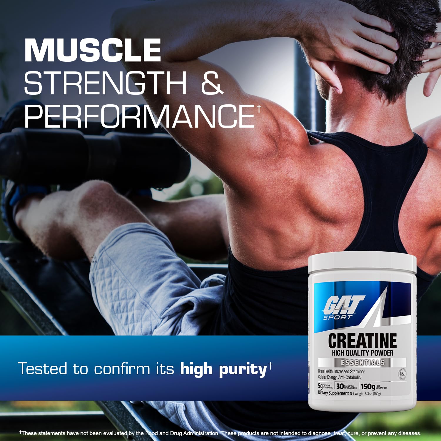 GAT SPORT Creatine Monohydrate Powder, 150 Grams, Strength, Brain Health, GLP1 Support Anti-oxidant, Endurance, for Men & Women, 1 Month Supply, Unflavored (30 Servings) GAT SPORT uk supplements