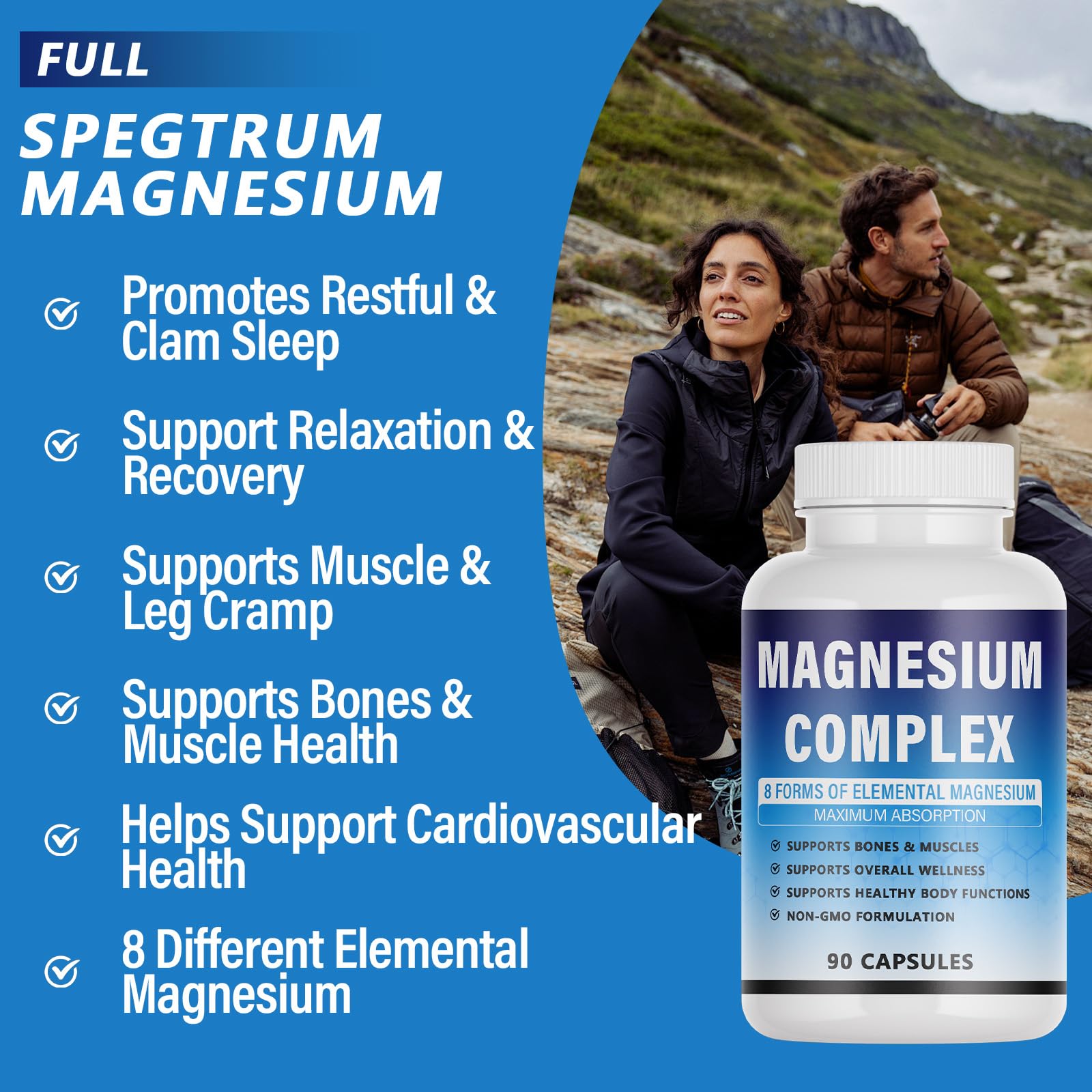 Magnesium Complex Supplement - 8 Elemental Magnesium 1000mg - Glycinate, Citrate, Malate, Taurate Chelated | Easy Absorption, Energy Support | Vegan Non-GMO, 90 Capsules (1pc) KFUKFU uk supplements