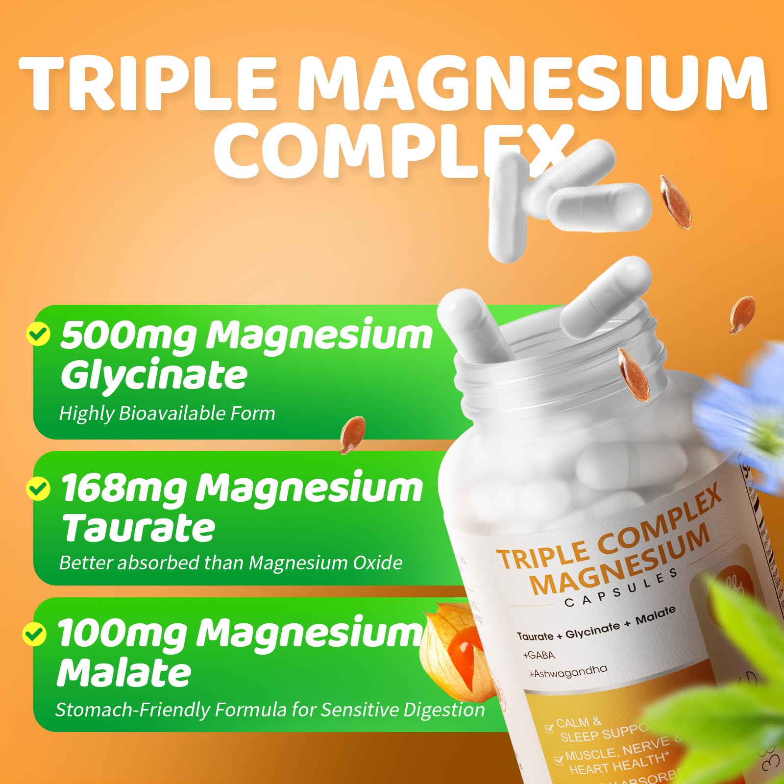 Triple Magnesium Complex - Magnesium Glycinate, Taurate & Malate Supplement with Omega3, Ashwagandha, GABA for Sleep, Brain Heart & Muscle Support - High Absorption and Gentle, Vegan, 120 Capsules iMATCHME uk supplements