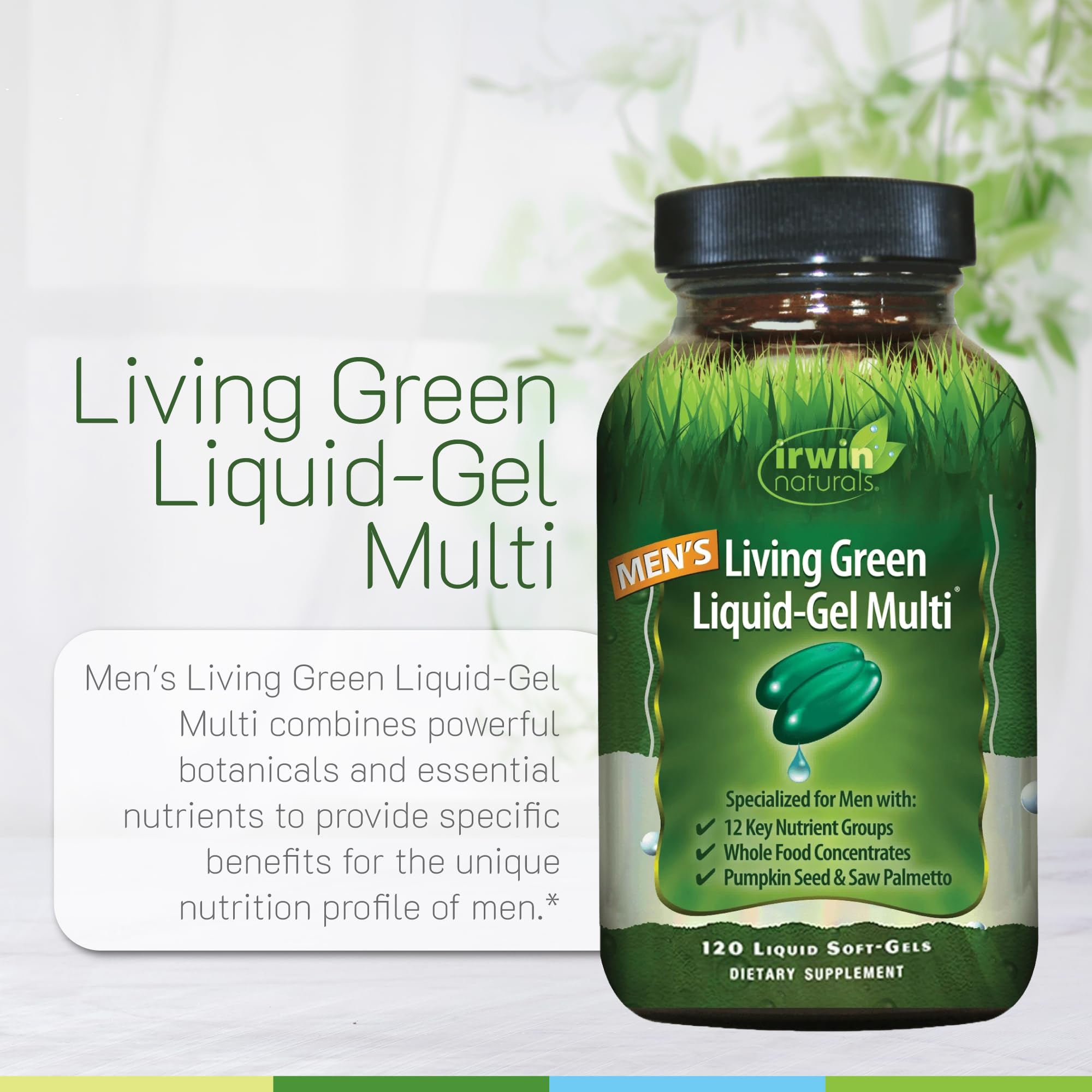 Irwin Naturals Men's Living Green Liquid-Gel Multi - 70 Essential Nutrients, Full-Spectrum Vitamin Supplements for Men, Wholefood Blend - Promotes Brain & Adrenal Support - 120 Liquid Soft-Gels Irwin Naturals uk supplements