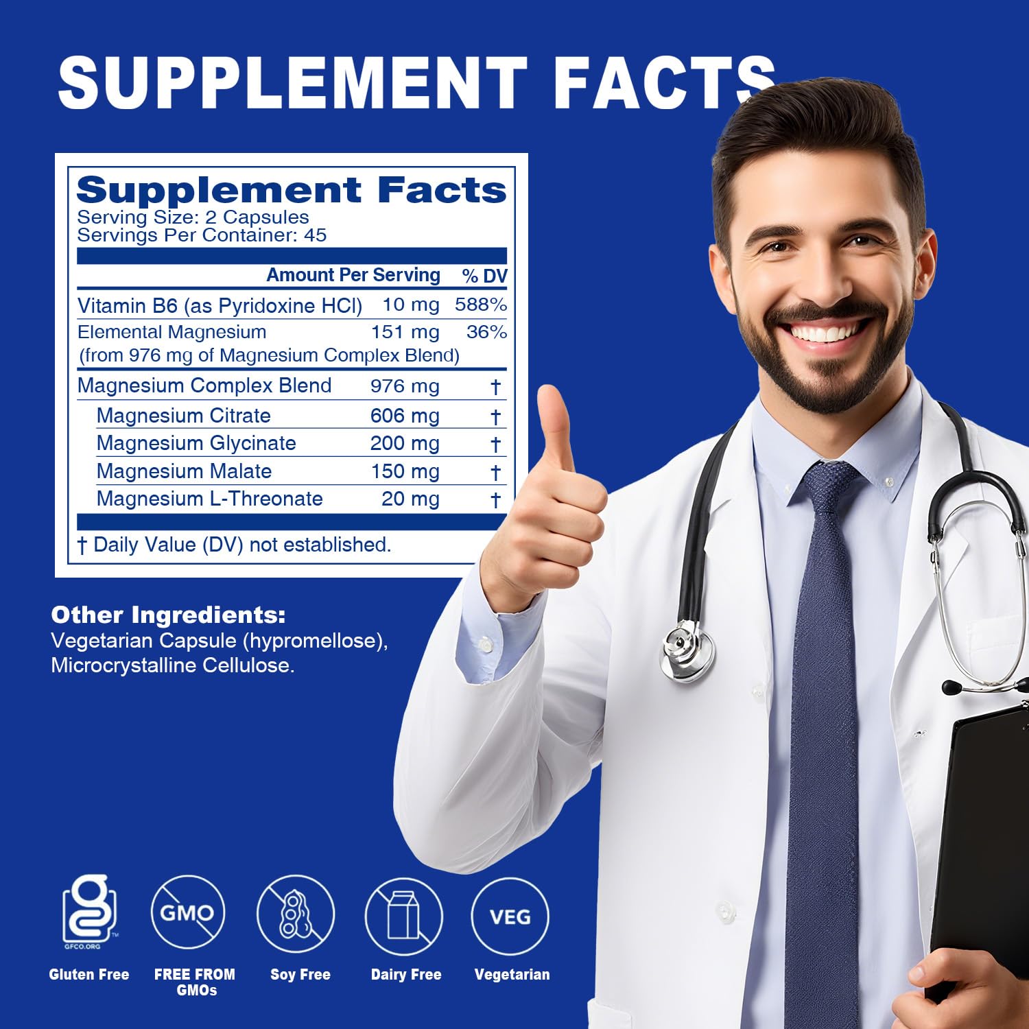 5 in 1 Magnesium Complex Capsule 976mg wtih Magnesium Glycinate, Citrate, Malate, L-Threonate & Vitamin B6, High Absorption Magnesium Complex for Women & Men, Third-Party Tested, Vegan, Non-GMO Sound Health Plus uk supplements