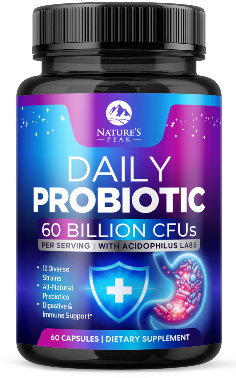 Probiotics 60 Billion CFU - 10 Strains + Digestive Enzymes & Prebiotics - Best Probiotic for Women & Men, Supports Immune, Gut Health, Occasional Constipation, Diarrhea, Gas & Bloating - 60 Capsules Nature's Peak uk supplements