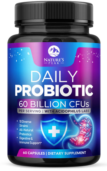 Probiotics 60 Billion CFU - 10 Strains + Digestive Enzymes & Prebiotics - Best Probiotic for Women & Men, Supports Immune, Gut Health, Occasional Constipation, Diarrhea, Gas & Bloating - 60 Capsules Nature's Peak uk supplements