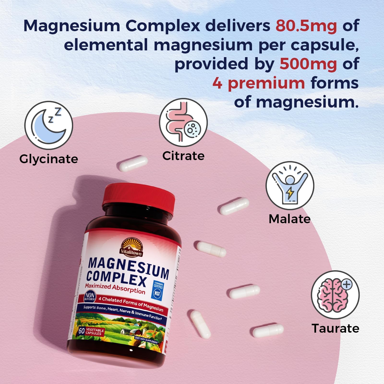 Vitalitown Magnesium Complex Supplement 500mg - NSF Certified Magnesium Glycinate, Malate, Taurate & Citrate - Chelated High Absorption & Gentle on Stomach - Vegan Non-GMO 120 Capsules VITALITOWN uk supplements