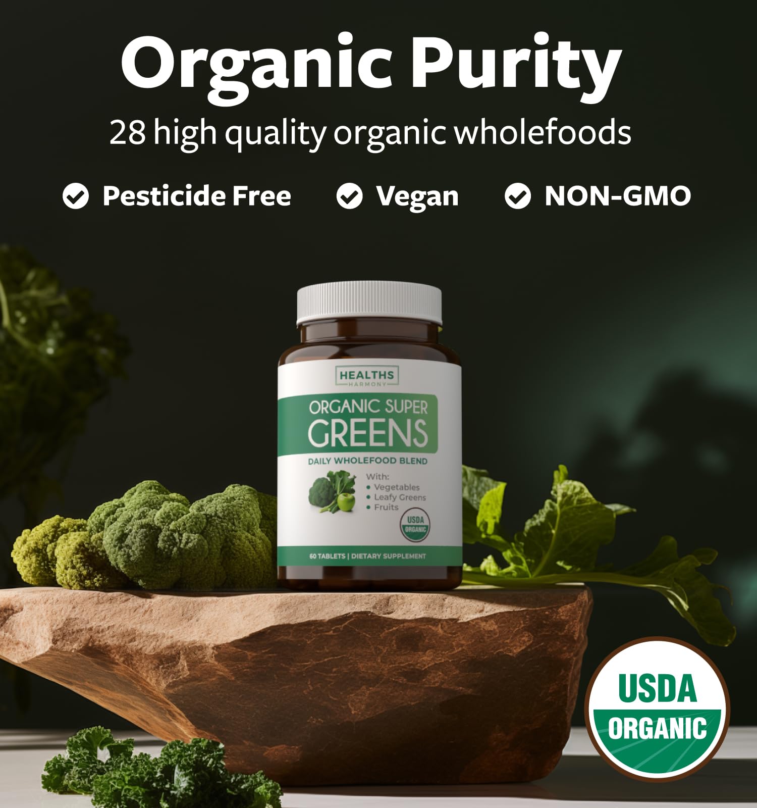 USDA Organic Super Greens Supplement - Organic Greens Fruits and Vegetable Supplement for Adults with 28 Superfood Complex with Superfruits Roots Herbs & More - Vegan & Non-GMO (Up to 1 Month Supply) Healths Harmony uk supplements
