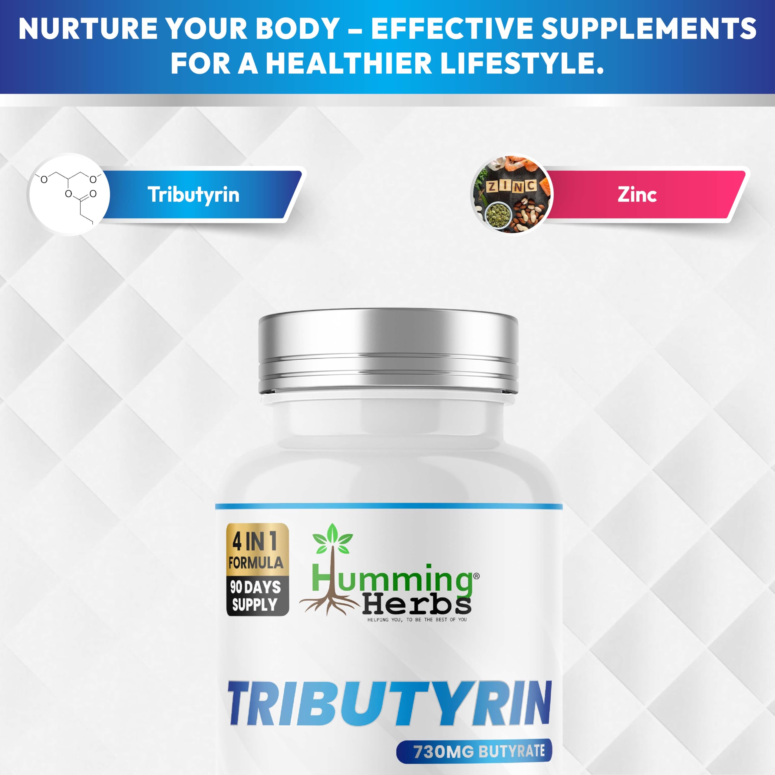 Humming Herbs Tributyrin Complex — 850 mg per Serving (95% Pure, yielding 731 mg Butyrate) with L-Glutamine, Zinc L-Carnosine, FOS & Probiotic Blend (180) Humming Herbs uk supplements