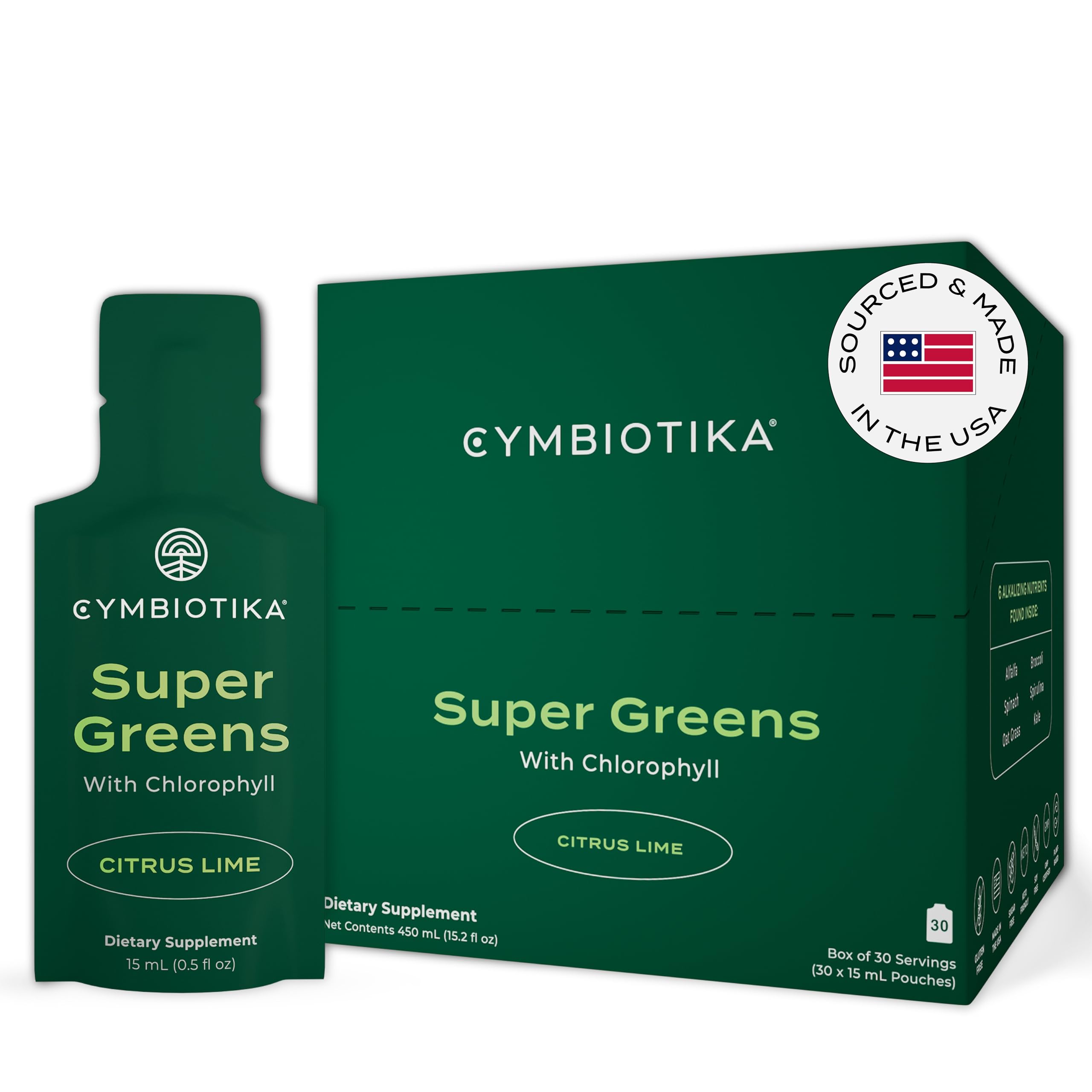 CYMBIOTIKA Super Greens Supplement with Chlorophyll, Spirulina, Daily Vegan Superfood Packets for Digestive Gut Health, Detox, Energy and Immune Support, Citrus Lime Flavor, 15 mL Pouches, 30 Pack CYMBIOTIKA uk supplements