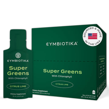 CYMBIOTIKA Super Greens Supplement with Chlorophyll, Spirulina, Daily Vegan Superfood Packets for Digestive Gut Health, Detox, Energy and Immune Support, Citrus Lime Flavor, 15 mL Pouches, 30 Pack CYMBIOTIKA uk supplements