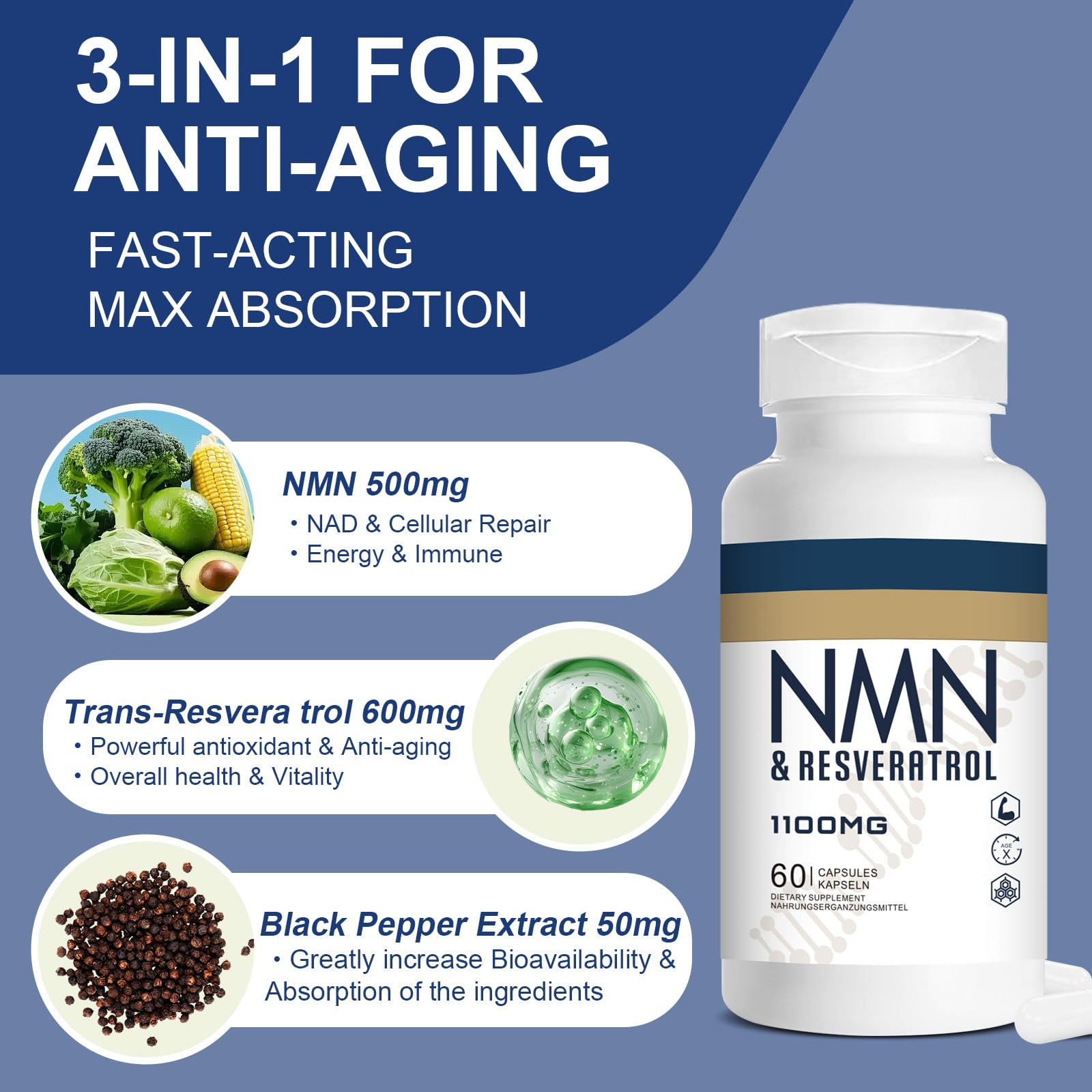 Jeaderly 1100mg NMN & Trans-Resveratrol, 3-in-1 Supplement, 60 Veggie Capsules – Supports NAD+ Boost*, Cellular Energy, Immune Function, Muscle Health & Anti-Aging, 30-Day Supply Jeaderly uk supplements