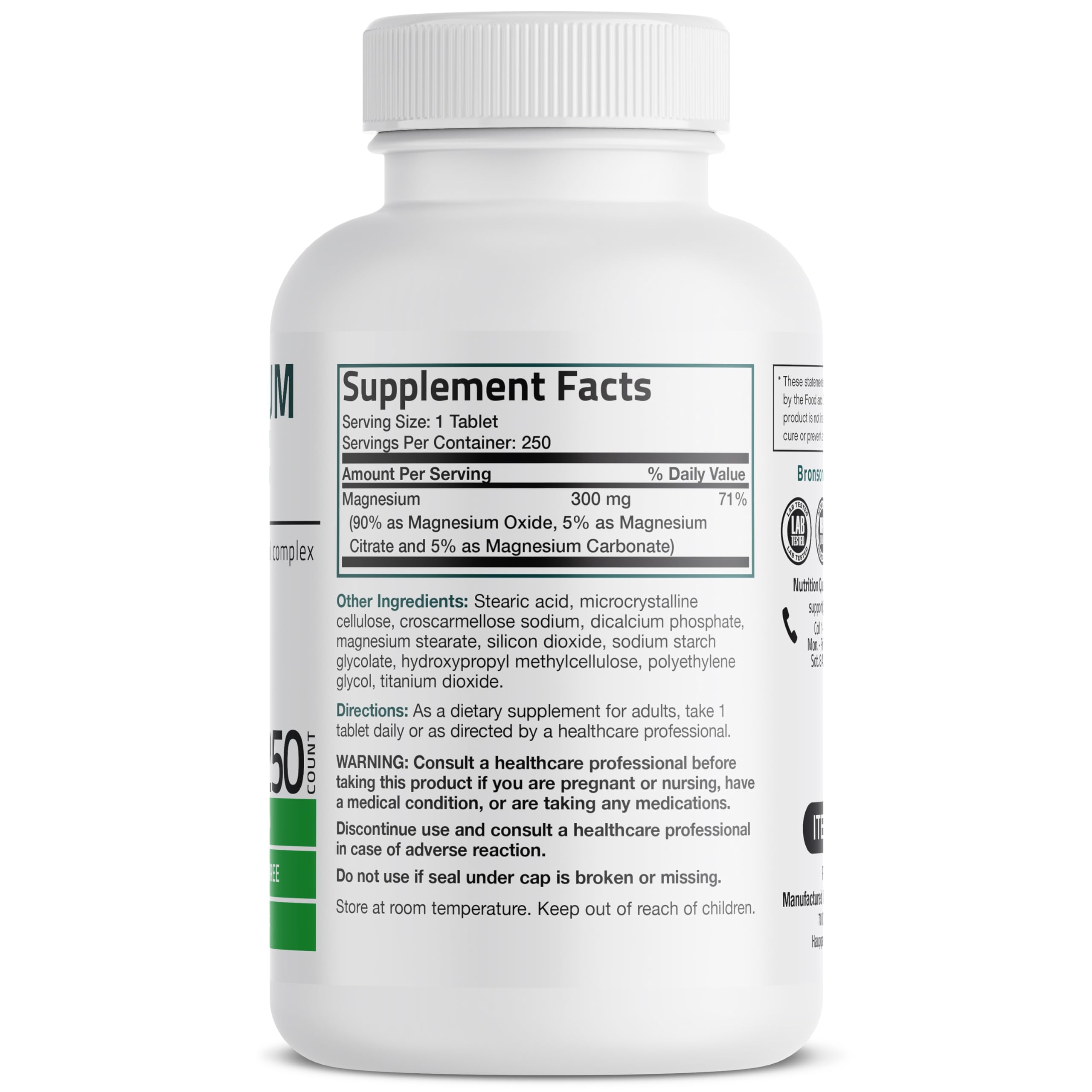 Bronson Triple Magnesium Complex Maximum Coverage 300mg - Non-GMO Formula, 250 Tablets Bronson uk supplements