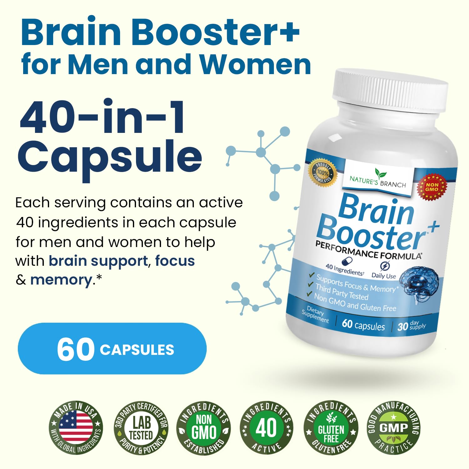 40-in-1 Brain Booster Supplement for Focus, Memory, Clarity, Energy | Advanced Vitamins Plus eBook | for Men & Women, Cognitive Function Nootropic Support with DMAE, Mind Health Formula | 60 Capsules NATURE'S BRANCH uk supplements