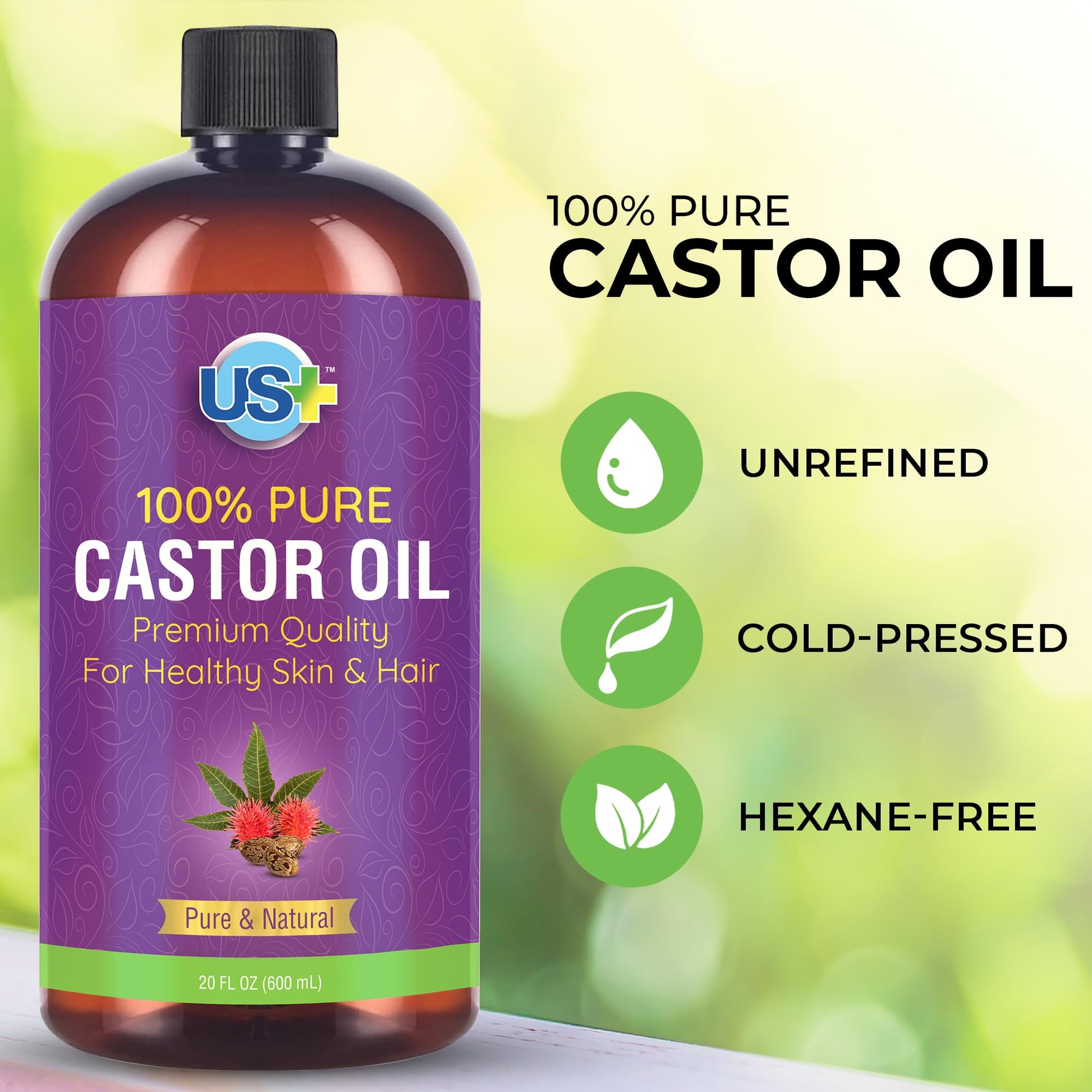 Us+ 20oz 100% Pure Castor Oil - Cold-pressed, Unrefined, Hexane-free - USP Grade - Premium Quality Us+ uk supplements