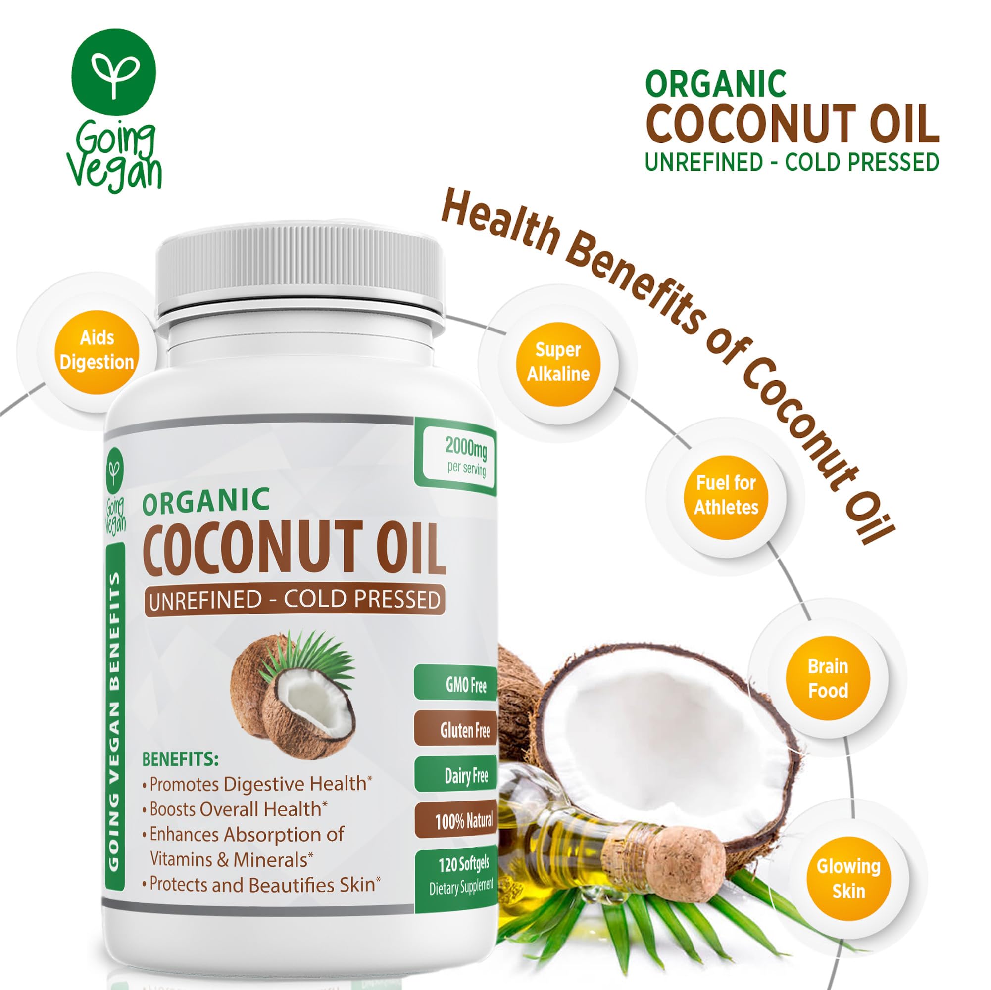 Organic Coconut Oil Capsules 2000mg - 100% Extra Virgin, Cold Pressed for Healthy Skin Going Vegan uk supplements