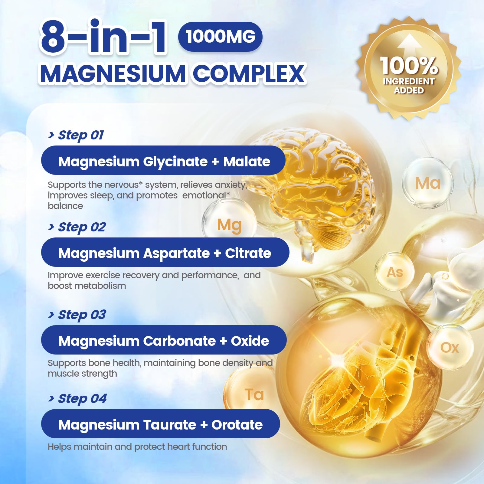 1000mg Magnesium Complex Capsules, 8-in-1 Magnesium Glycinate, Citrate, Malate, Taurate, Oxide, Carbonate, Aspartate, Orotate - 240 Capsules VivoNu uk supplements