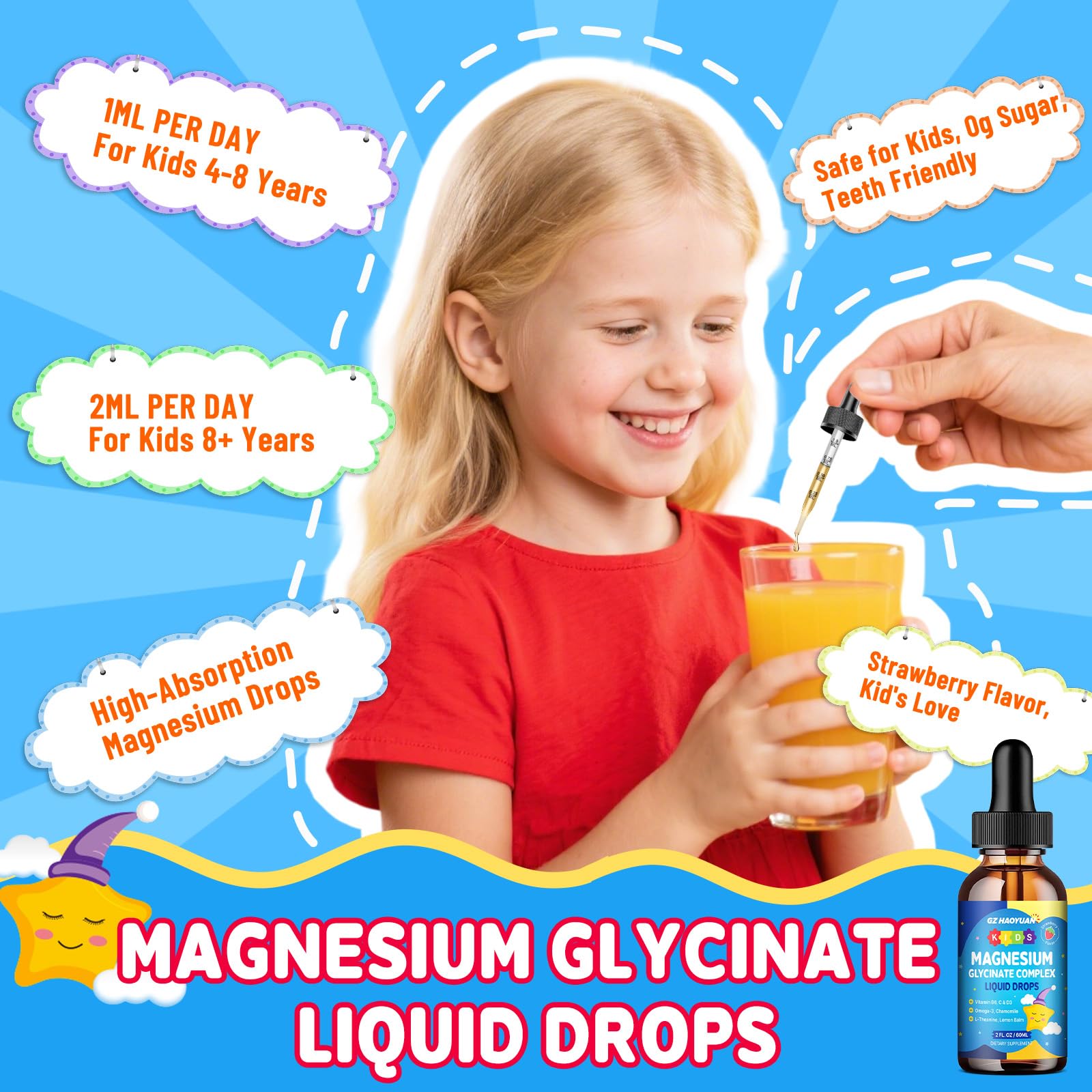 Kids Magnesium Glycinate Liquid Drops‌ – with L-Theanine, Omega-3, Vitamins B6 & D3, Zinc & Calcium – for Sleep Support, Relaxation, Focus & Brain, Bones – Strawberry Flavor, 2 Fl Oz GZ HAOYUAN uk supplements