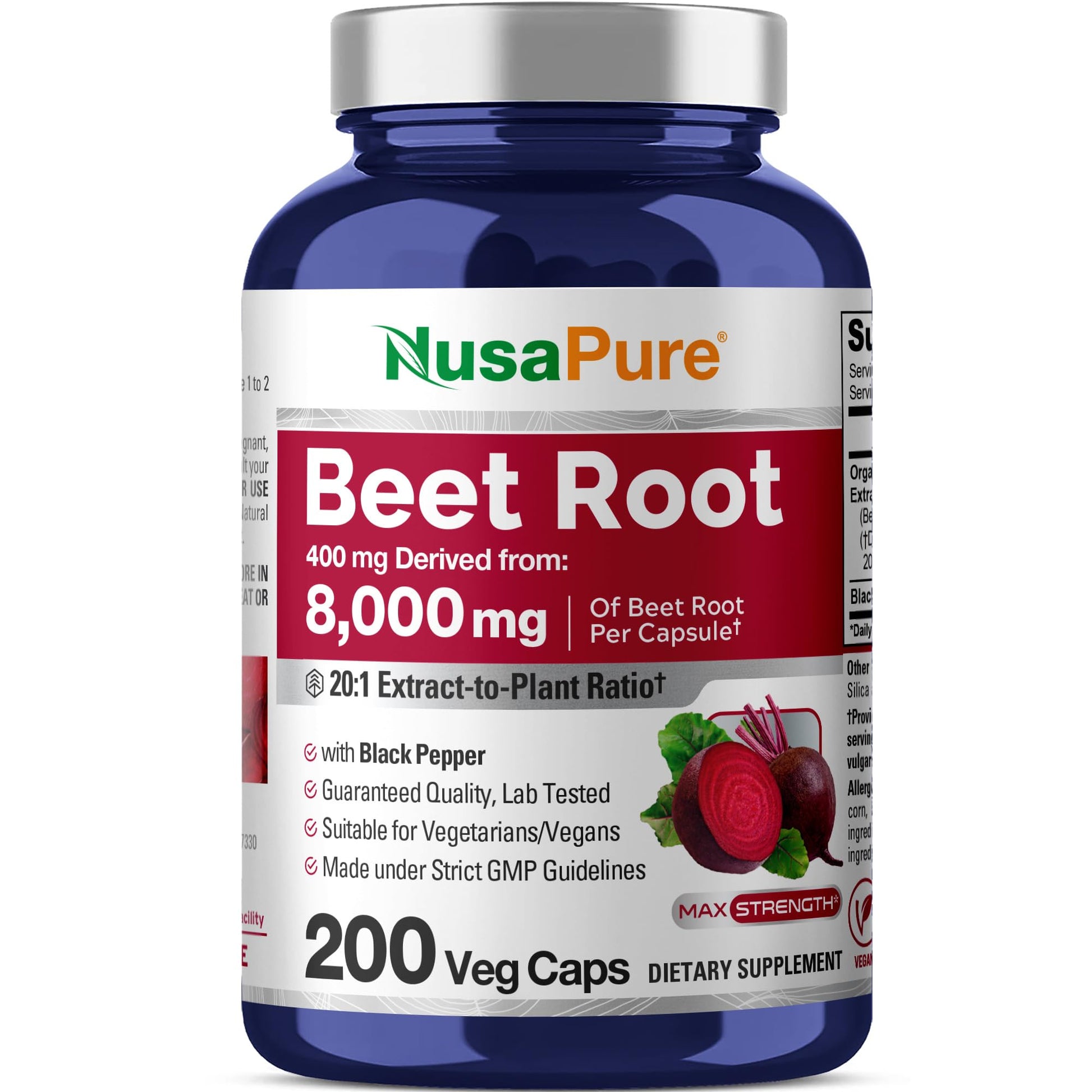 NusaPure Organic Beet Root 20:1 Extract, 400 mg Equivalent to 8,000 mg - Black Pepper 4:1 Extract, 10 mg - 200 Veggie caps (Vegan, Non-GMO) NusaPure uk supplements
