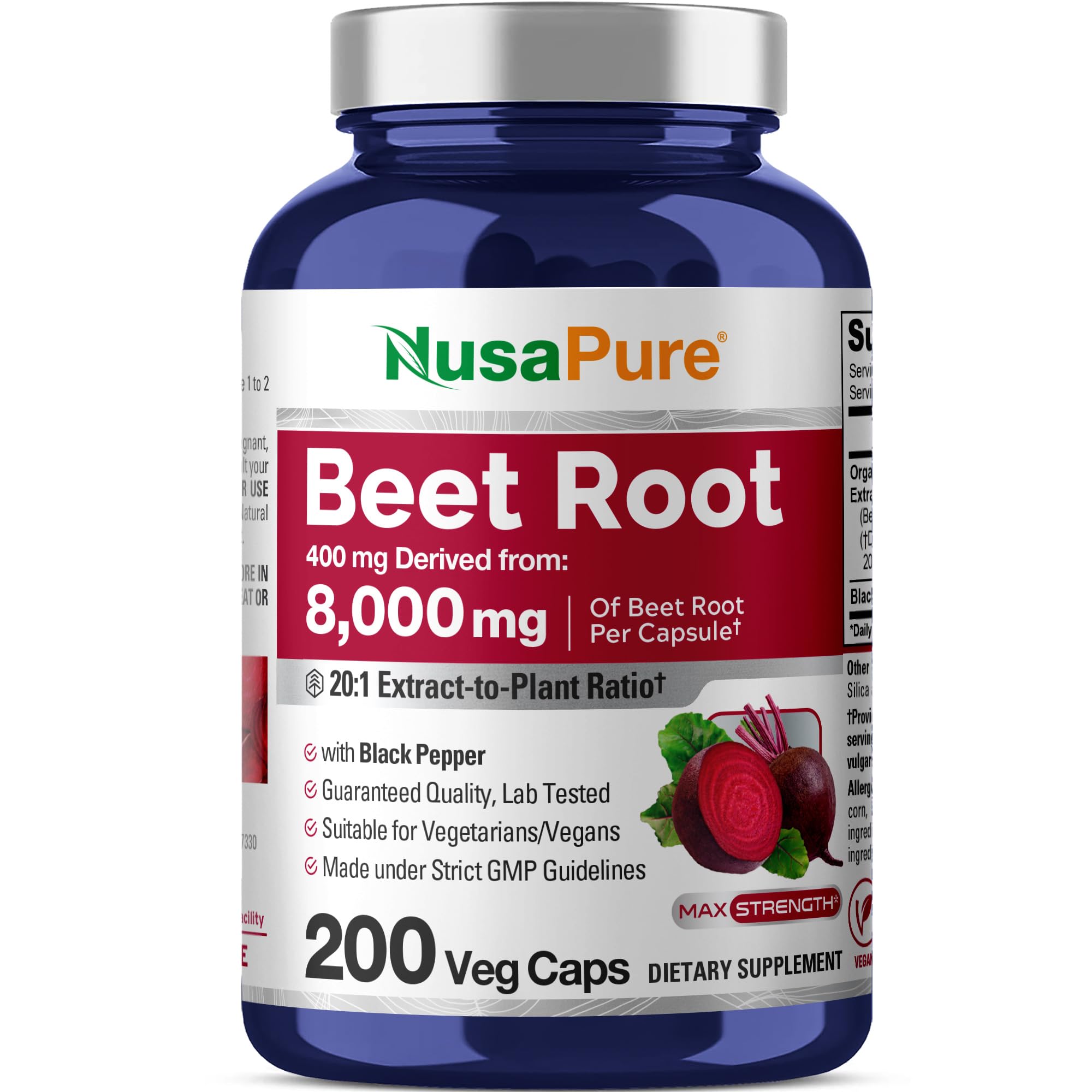 NusaPure Organic Beet Root 20:1 Extract, 400 mg Equivalent to 8,000 mg - Black Pepper 4:1 Extract, 10 mg - 200 Veggie caps (Vegan, Non-GMO) NusaPure uk supplements