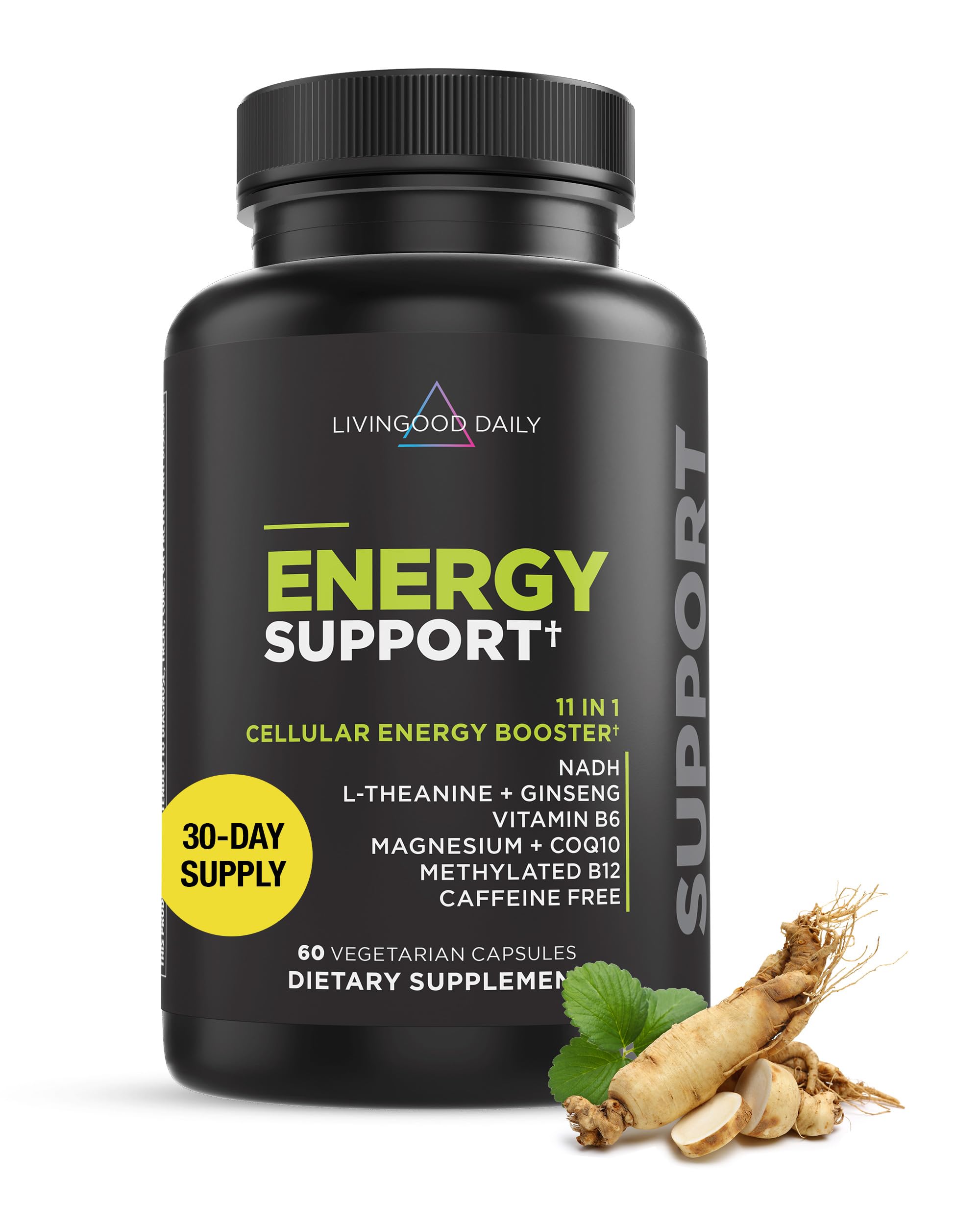 Livingood Daily Energy Support, 11-in-1 Supplement with Magnesium, Vitamin B6, B12, Amino Acids, L Carnitine, CoQ10, Ginseng & L Theanine, Supports Natural Energy for Men & Women, Vegan, 60 Capsules Livingood Daily uk supplements