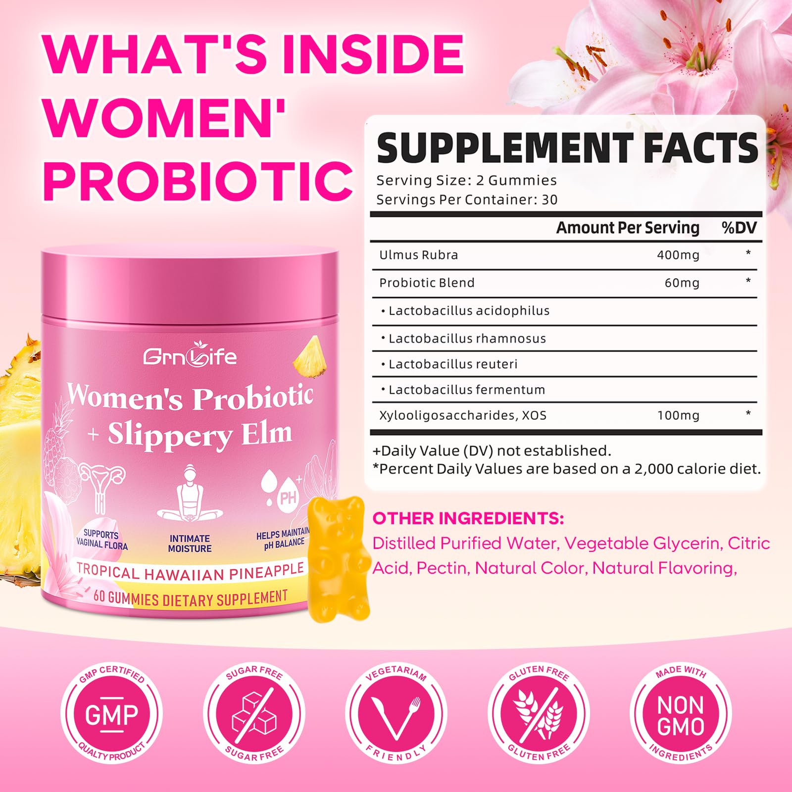 GrnLife Women's Probiotic Slippery Elm Gummies, Her Juicy Feminine Probiotics Gummies for pH Balance & Immune Supports, Pineapple Flavor, 60 Count GrnLife uk supplements