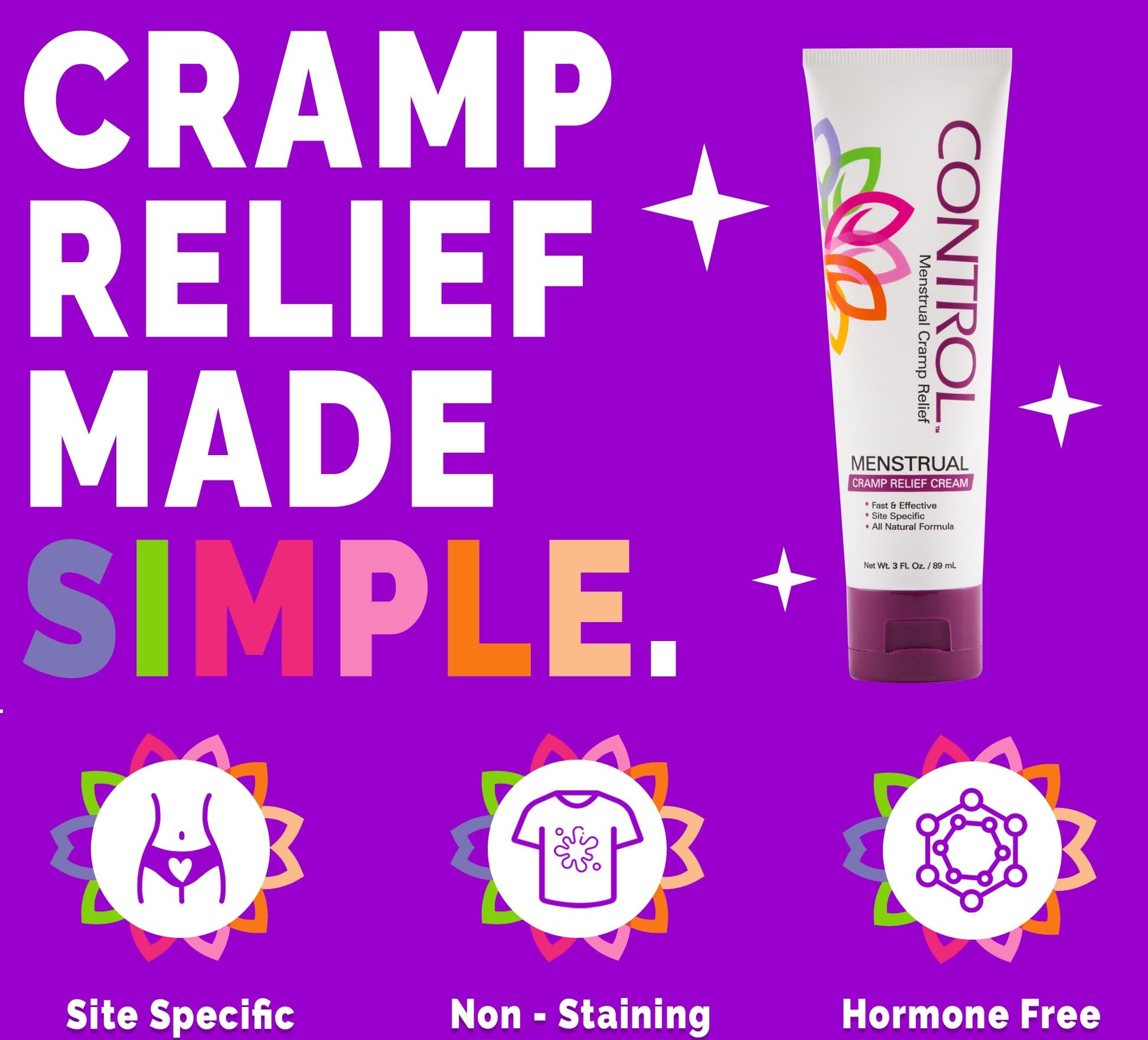 CONTROL, Menstrual Cramp Relief Cream, Topical Pain Relief for Period Cramps and PMS, Period Relief Products, Fast and Effective, Easy to Use, Safe for All Ages, Hormone Free, All Natural, 3 oz Tube. CONTROL uk supplements