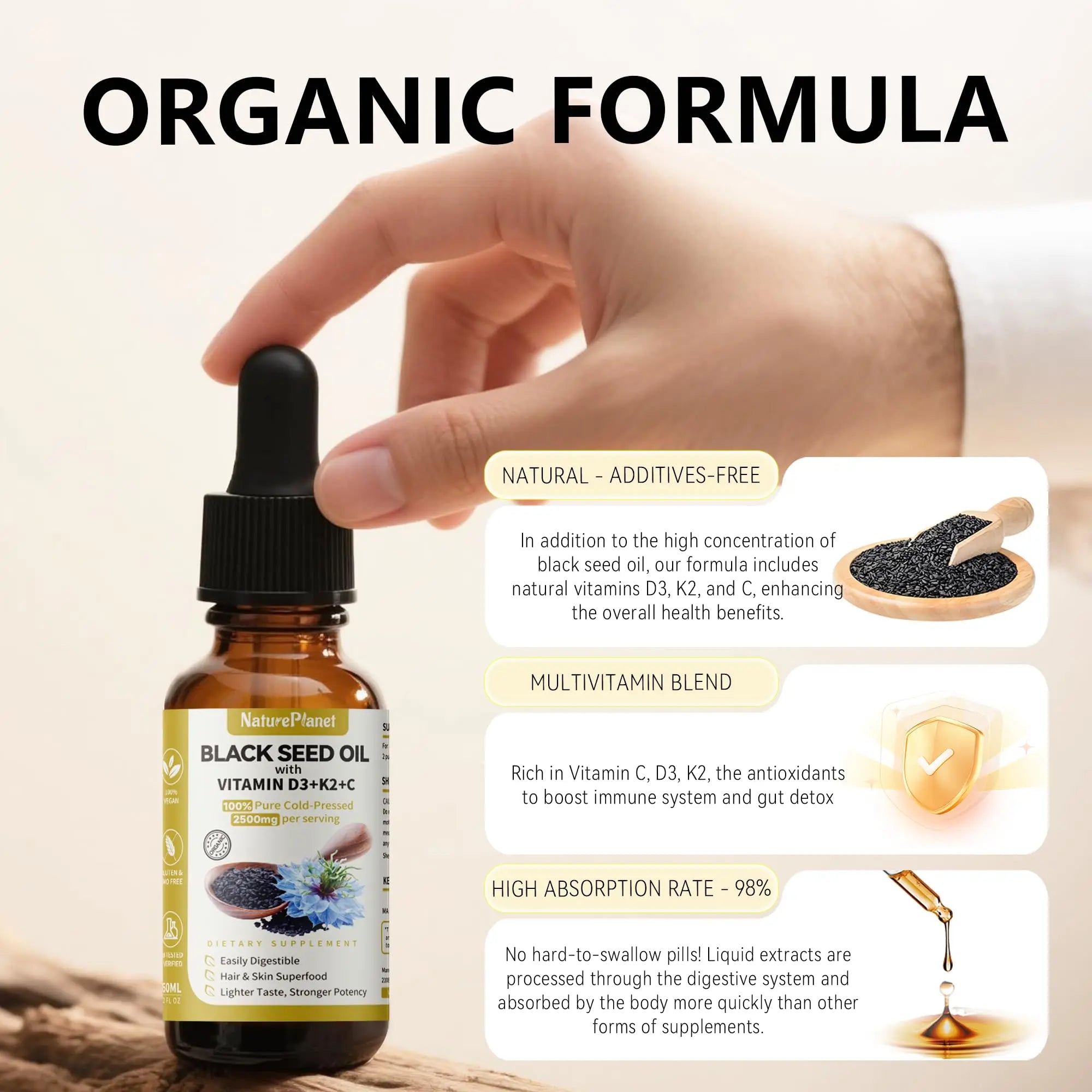 NaturePlanet Organic Soursop Bitters and Black Seed Oil Drops Bundles with Vitamins D3, K2, B6, C | NaturePlanet uk supplements