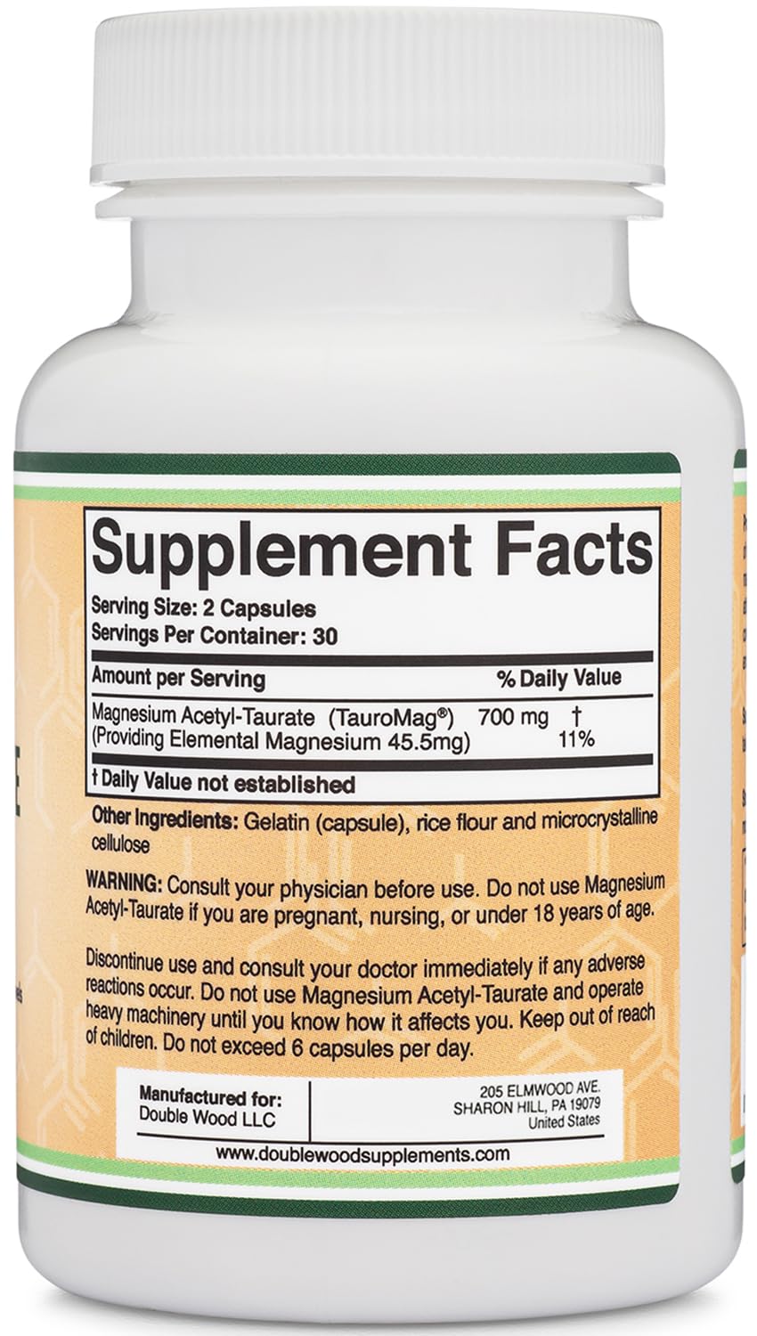 Magnesium Acetyl-Taurate (ATA MG, TauroMag) Novel and Patented Form of Magnesium for PMS and Cramp Relief (60 Capsules, 350mg) PMS Relief Magnesium Supplement by Double Wood Supplements Double Wood Supplements uk supplements