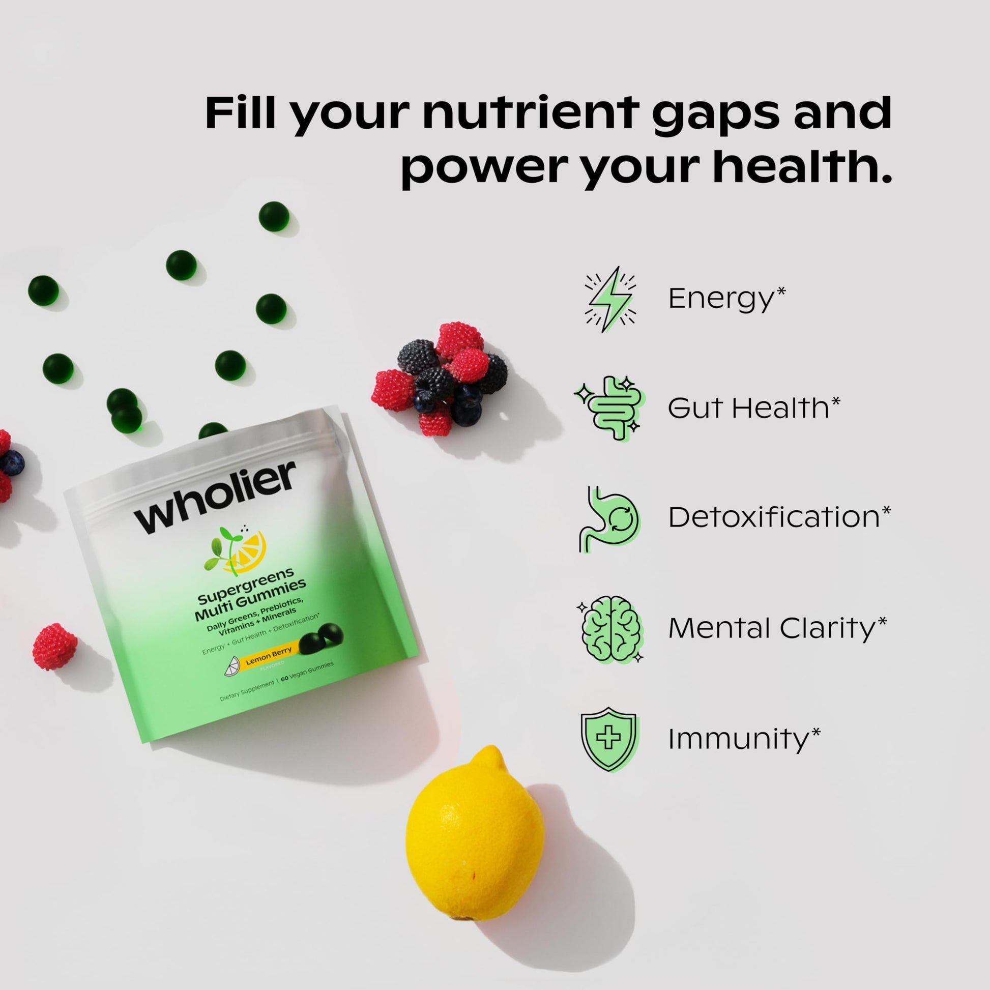 wholier Daily Supergreens Gummies, Greens Supplement with Prebiotics, Fiber, Adaptogens, Vegan Multivitamin, 9 Essential Vitamins + Minerals, 1g Sugar, 2 Gummy Serving (60 Gummies, 30 Day Supply) wholier uk supplements