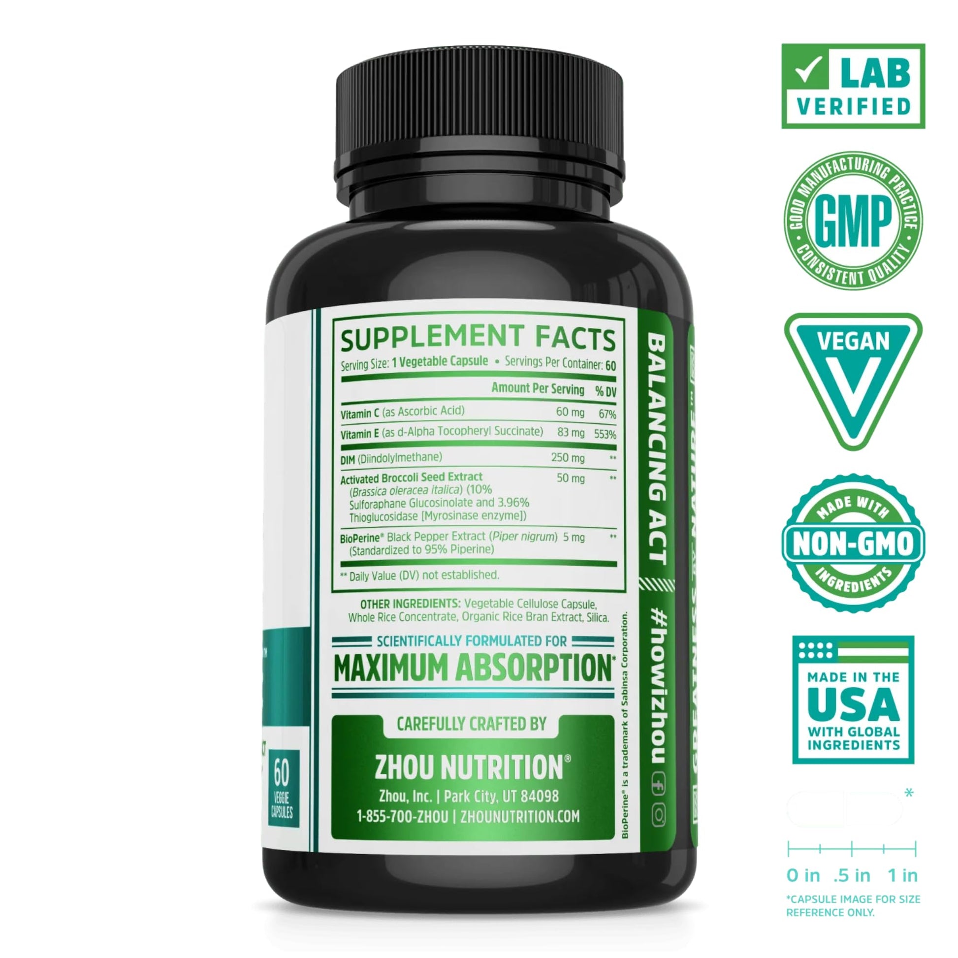Zhou DIM Active - DIM Supplement, Hormone Balance for Women & Men, Hormonal Support with 250mg Diindolylmethane - 60 Vegan Capsules ZHOU uk supplements