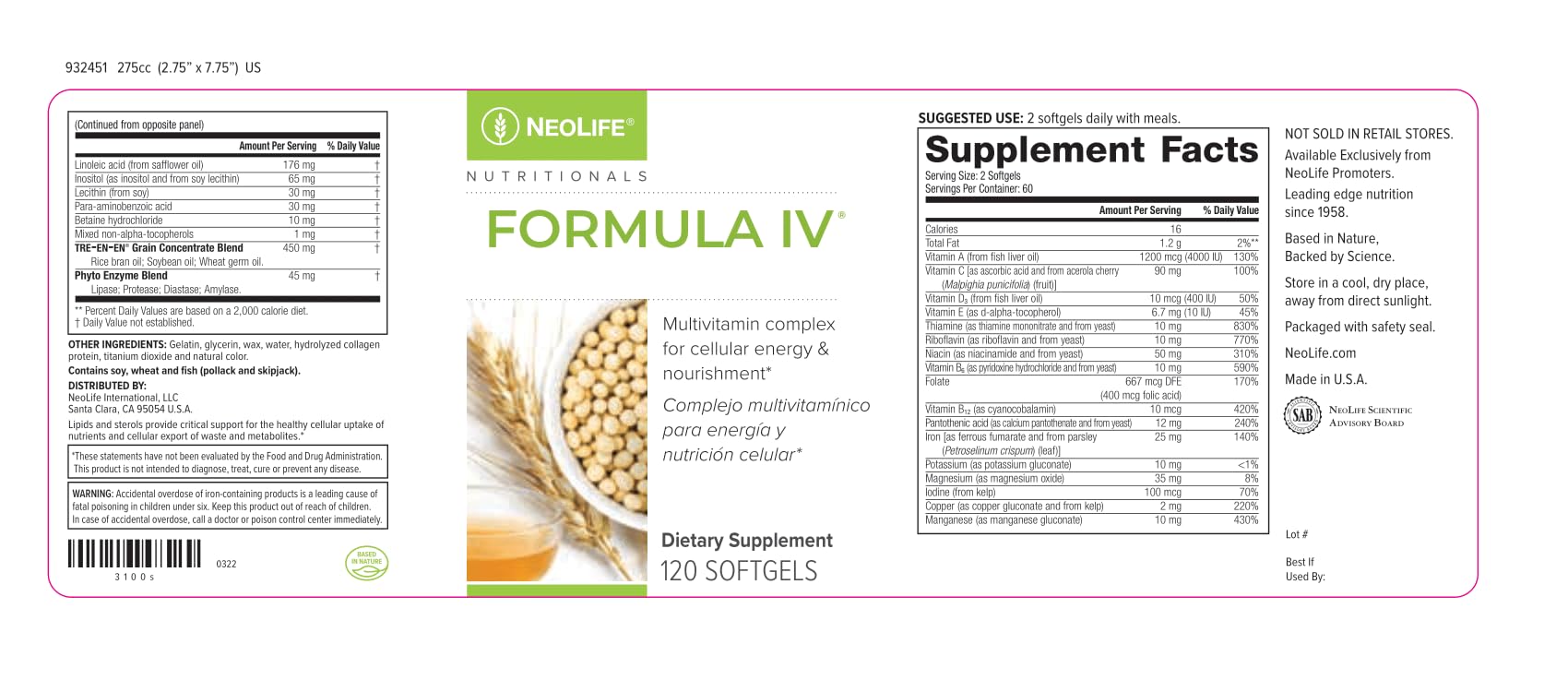 NeoLife - Formula IV Softgel - Vitamins A, C, D, E, B Complex, Multivitamins & Multi-Minerals, Multivitamin for Women & Men, TRE-EN-EN Grain Blend Supplements, Phyto Enzyme Blend - 120 Softgels NeoLife uk supplements