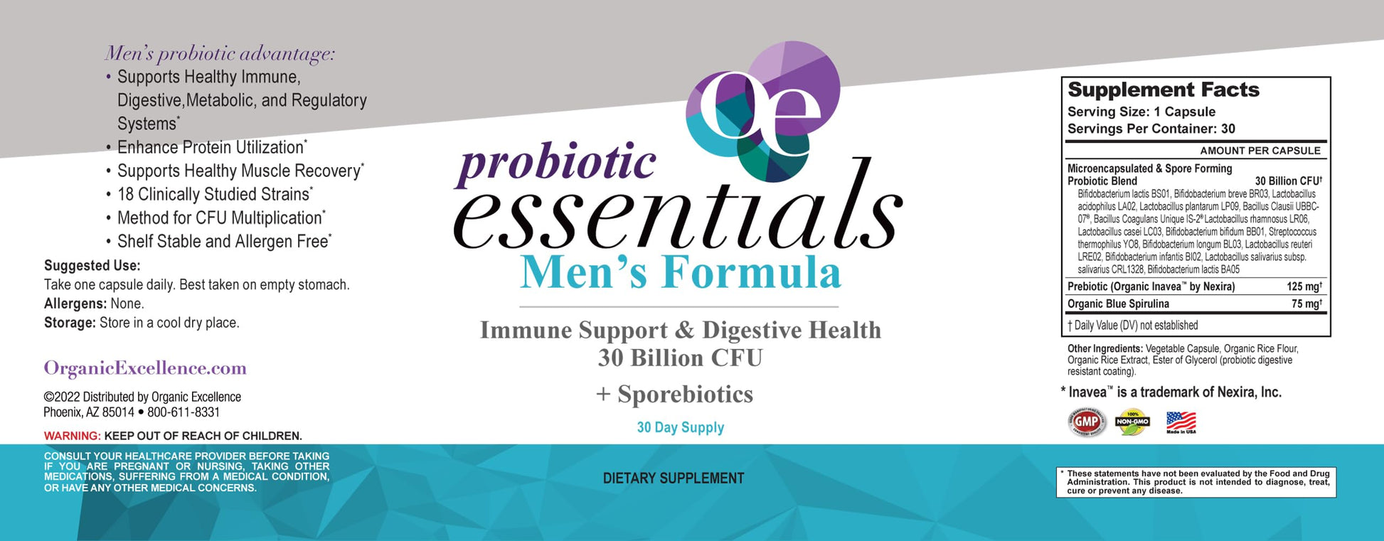 Organic Excellence Mens L Reuteri Probiotics for Gut Health with Prebiotics – 18 Strains for Digestive Health, Bloating & Immune Support – 30 Billion Probiotics + Sporebiotics – 30 Capsules Organic Excellence uk supplements