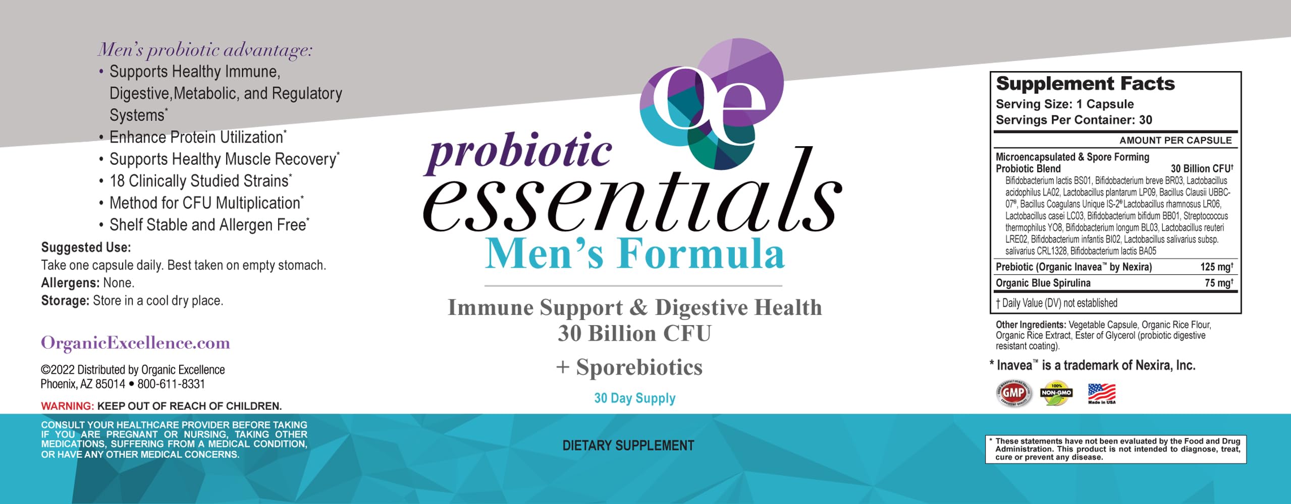 Organic Excellence Mens L Reuteri Probiotics for Gut Health with Prebiotics – 18 Strains for Digestive Health, Bloating & Immune Support – 30 Billion Probiotics + Sporebiotics – 30 Capsules Organic Excellence uk supplements
