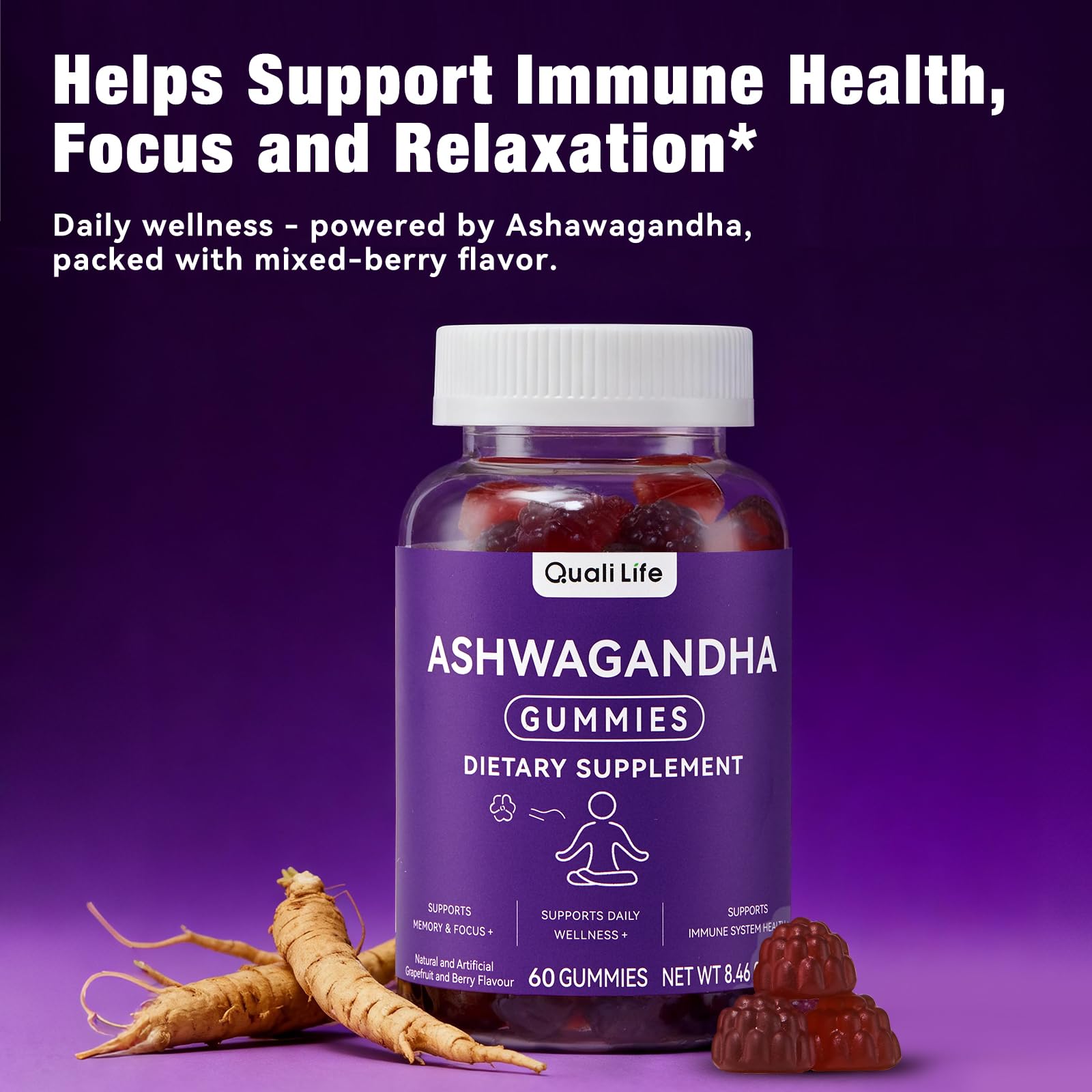 QualiLife Ashwagandha Gummies for Relax & Cortisol Support – High Strength Root Extract with Cranberry & Chaste Tree, Grapefruit & Berry Flavour – Vegan, Non-GMO, Gluten-Free – 60 Gummies (30 Days) QualiLife uk supplements