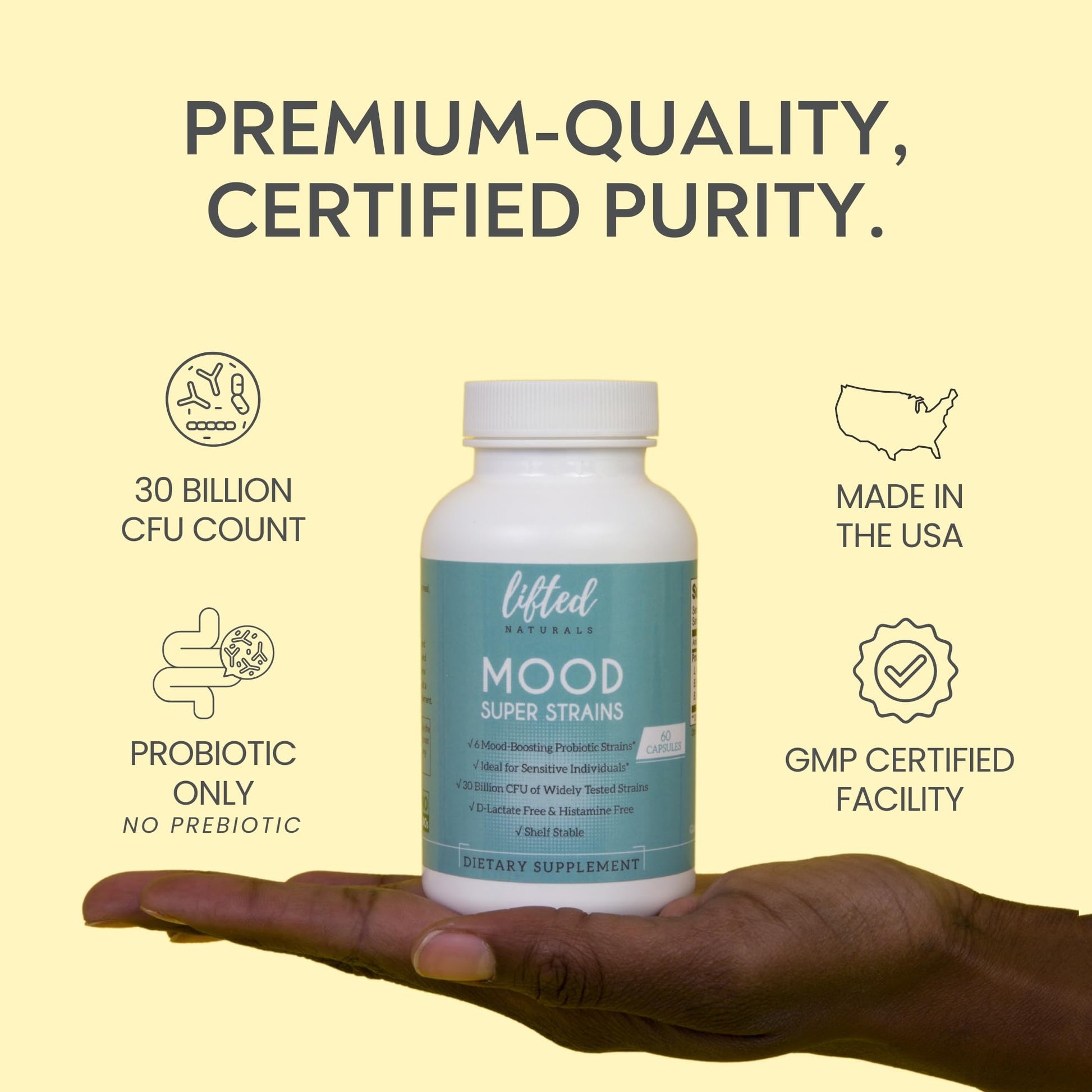 Probiotics - Mood Super Strains Probiotic - Naturally Supports Digestion & Mood - Histamine-Free Probiotics w/ L Rhamnosus GG, Shelf Stable Probiotic Supplement, 60 Day Supply, Non-GMO, VEGAN Lifted Naturals uk supplements