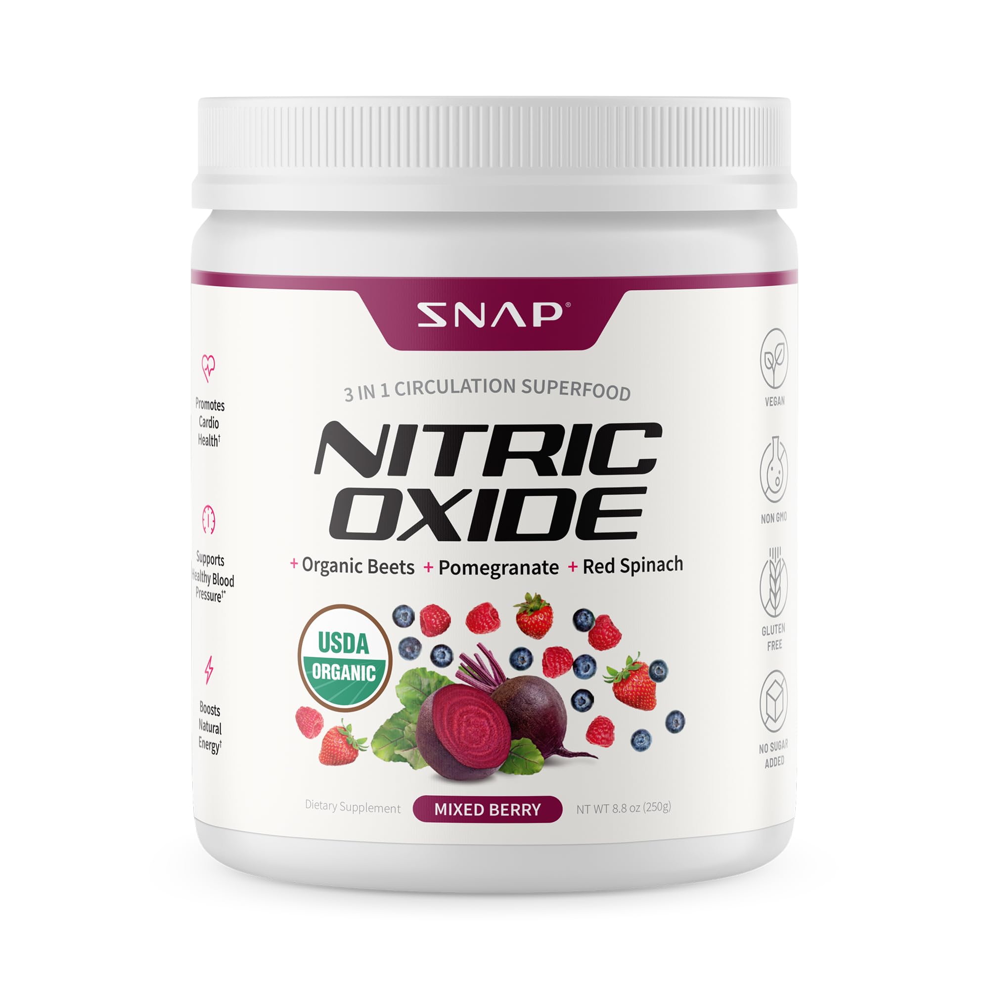 Snap Supplements Organic Beet Root Powder Nitric Oxide Supplement for Men & Women, Red Spinach & Pomegranate, Supports Healthy Energy & Blood Pressure Already in Normal Range, 30 Servings, Mixed Berry Snap Supplements uk supplements