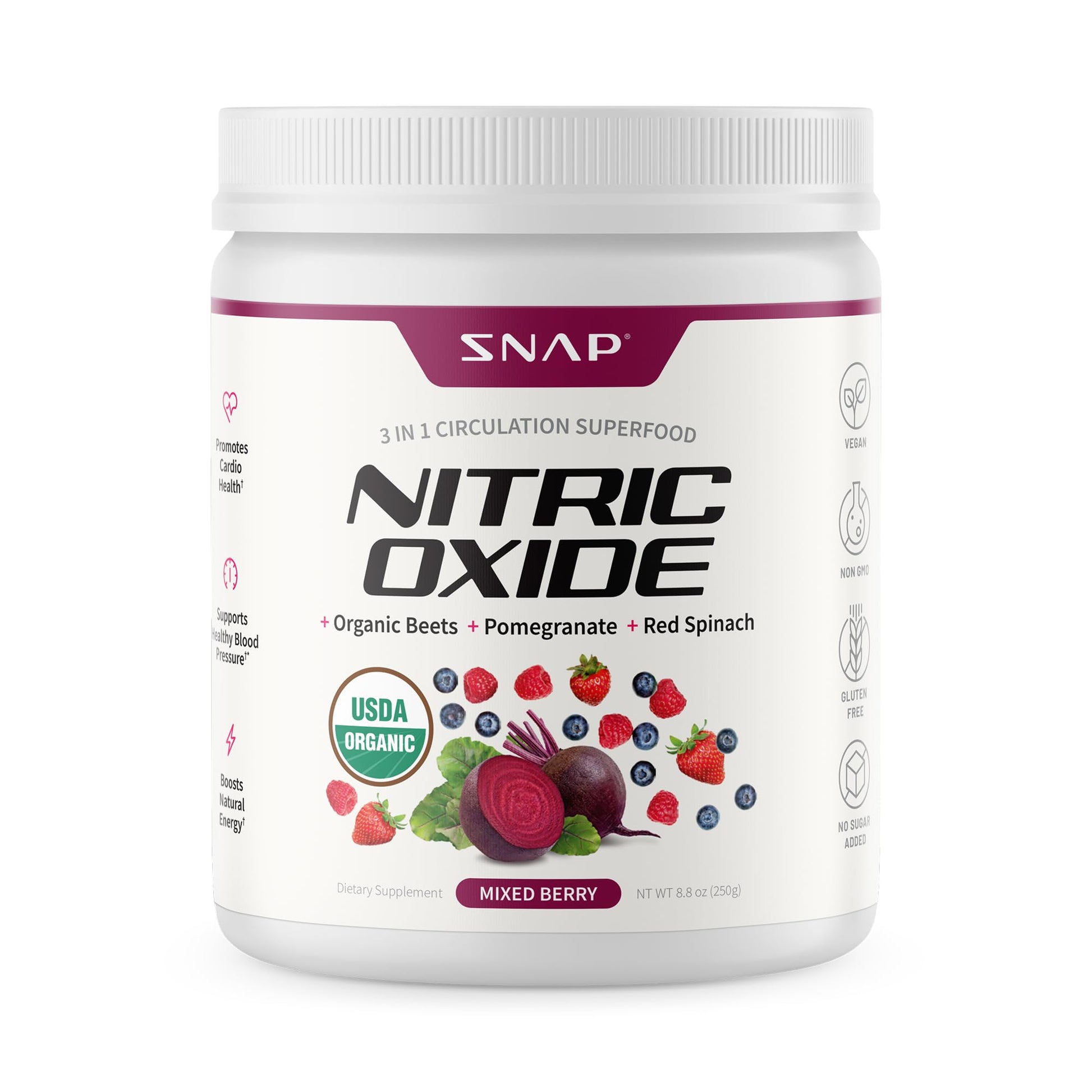 Snap Supplements Organic Beet Root Powder Nitric Oxide Supplement for Men & Women, Red Spinach & Pomegranate, Supports Healthy Energy & Blood Pressure Already in Normal Range, 30 Servings, Mixed Berry Snap Supplements uk supplements