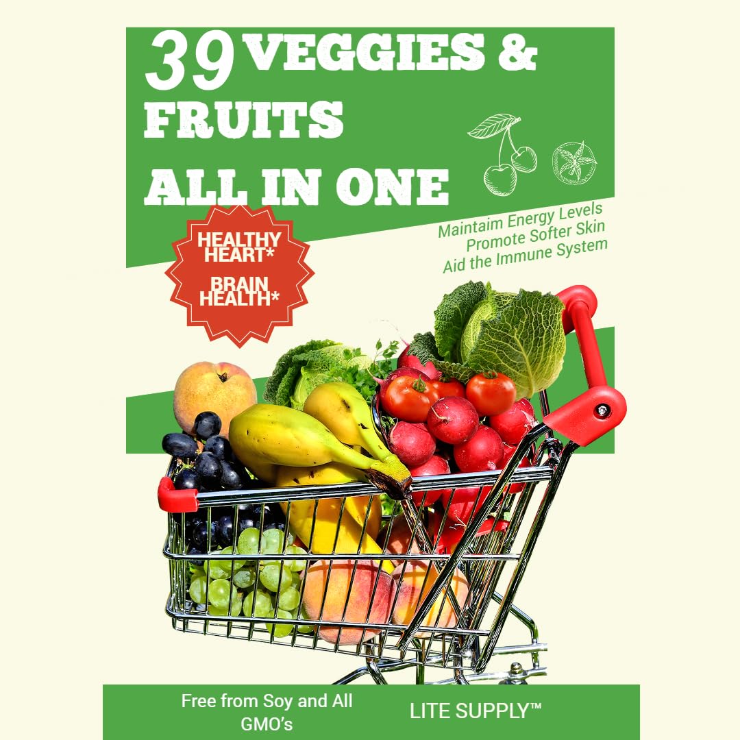 Lite Supply Fruits and Veggies Supplement 240 Caps - 120 Fruit and 120 Veggie Capsules - Whole Food & Natural Superfood Filled with Vitamins & Minerals for Women, Men Supports Energy Levels Lite Supply uk supplements