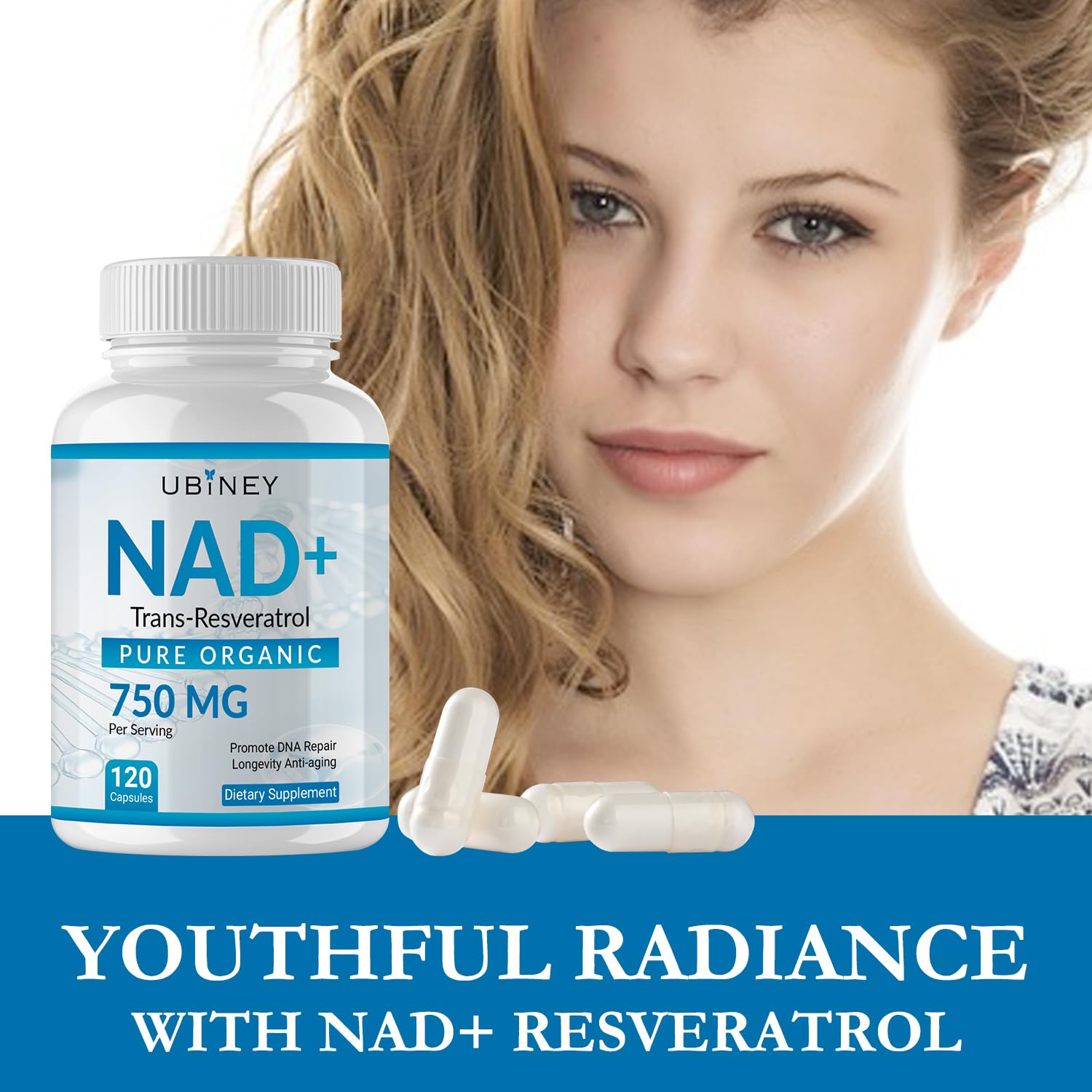 Ubiney NAD+ 750mg with Trans-Resveratrol – Pure Organic Nicotinamide Adenine Dinucleotide Supplement – DNA Repair, Cellular Energy, Anti-Aging Support – 120 Vegan Capsules, Non-GMO, Gluten-Free Ubiney uk supplements