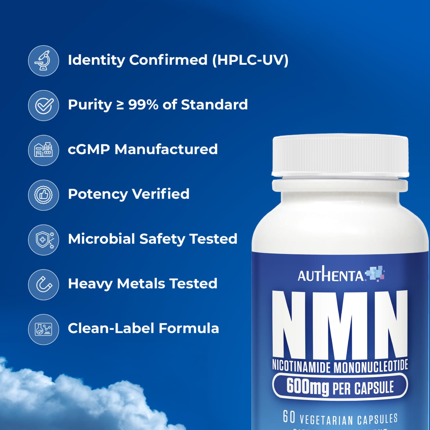NMN Supplement 600 mg/Capsule Once Daily | 99% Pure Beta Nicotinamide Mononucleotide | Potent NAD⁺ Precursor | Supports Cellular Energy & Metabolism | Vegan, Non-GMO, Third-Party Tested & Gluten-Free AUTHENTA uk supplements