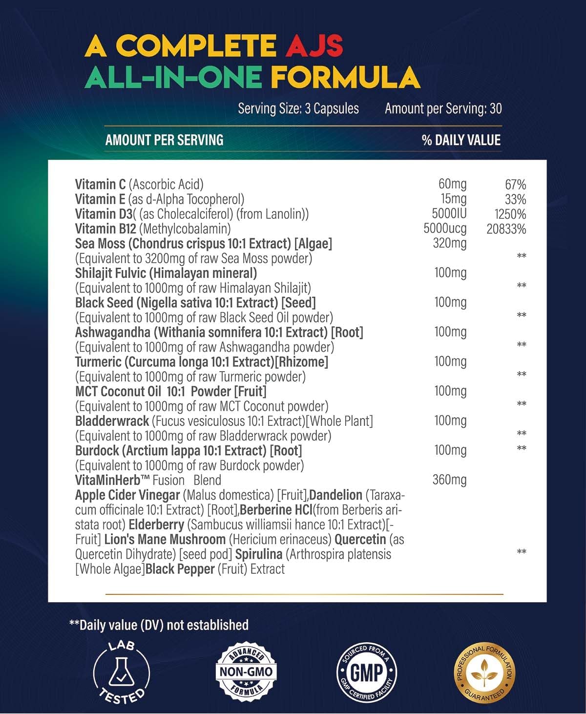 AJS Sea Moss Capsules 3200mg, Himalayan Shilajit 1000mg with Black Seed Oil, Ashwagandha, Turmeric, Bladderwrack, Burdock, Vitamins, Berberine, Lion’s Mane Mushroom, Elderberry- 90 Caps AJS Nutrition uk supplements