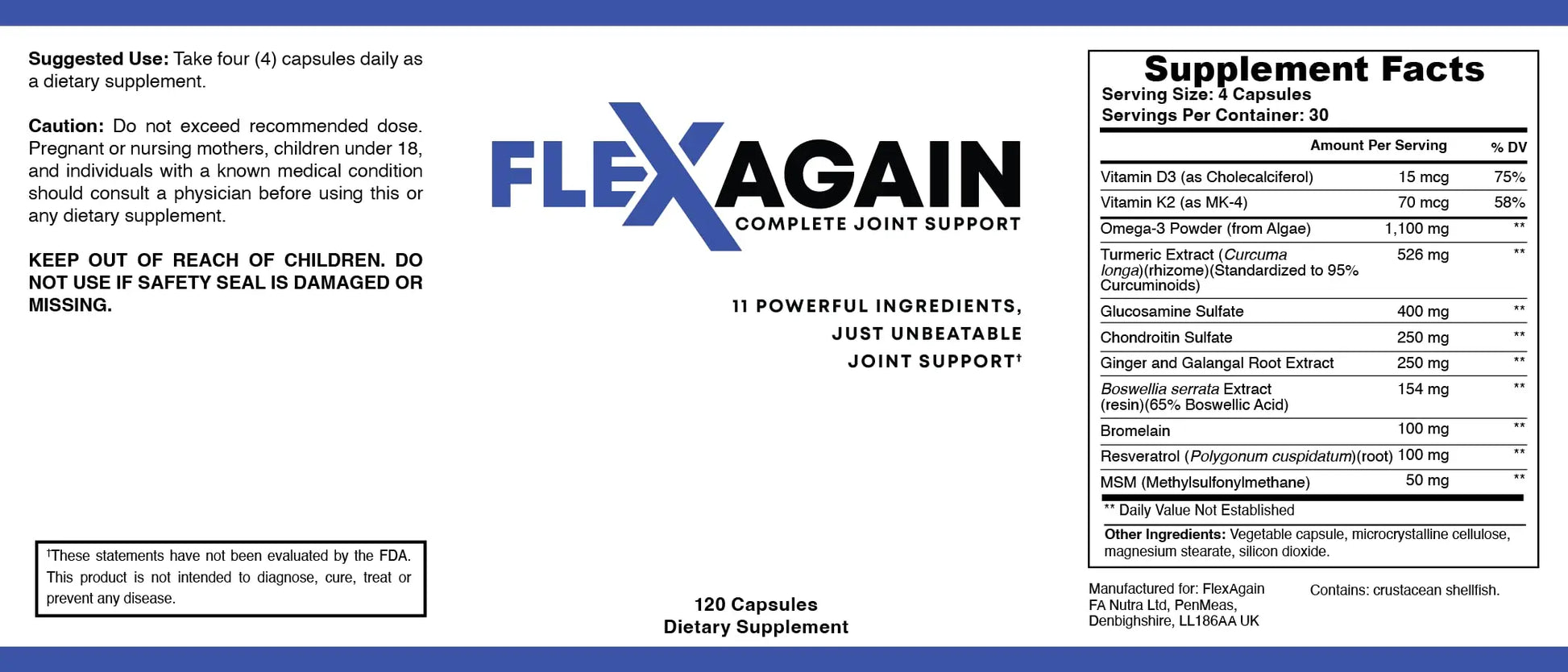 FlexAgain - Fully Comprehensive Joint Support - 120 Capsules - 1 Month Supply FlexAgain uk supplements