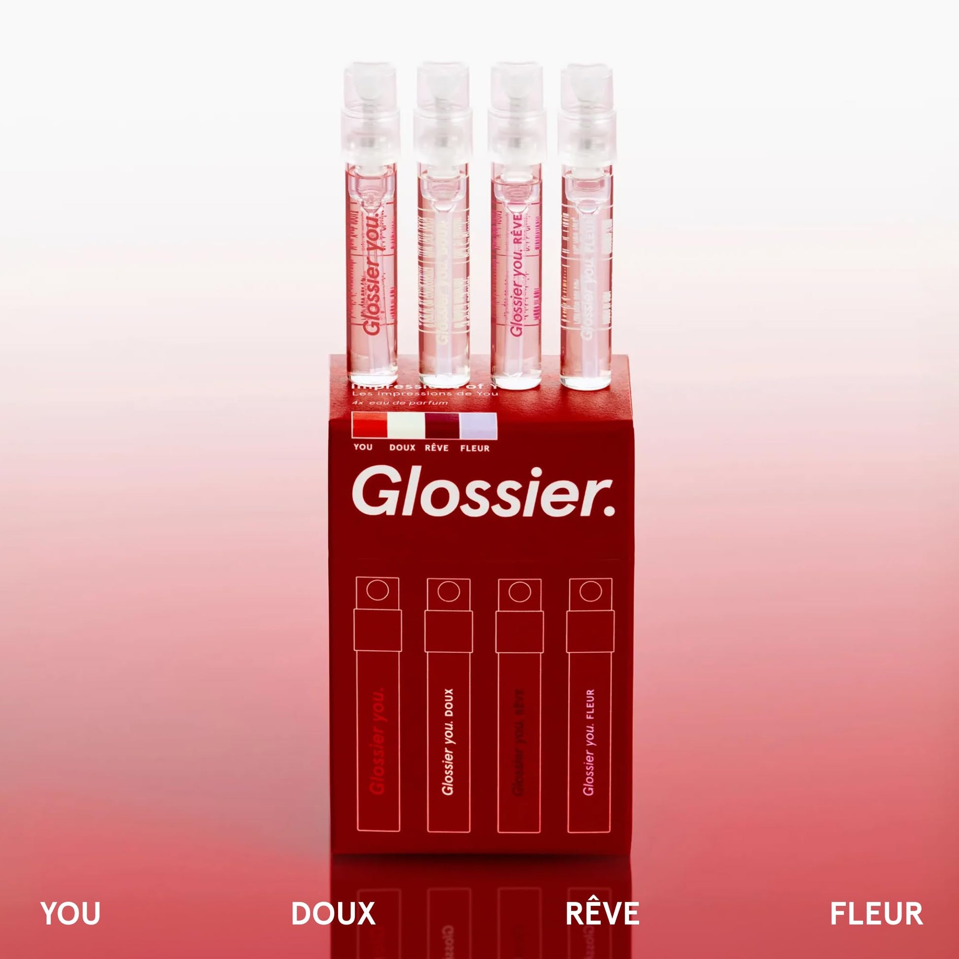 Glossier You Mini Wardrobe Fragrance Set - 4 Unisex Travel Size Eau de Parfum for Women & Men - Skin-Scent Enhancer Perfume Sampler, Smells Different on Everyone - You, Fleur, Doux, Rêve - 1.5ml Each Glossier uk supplements