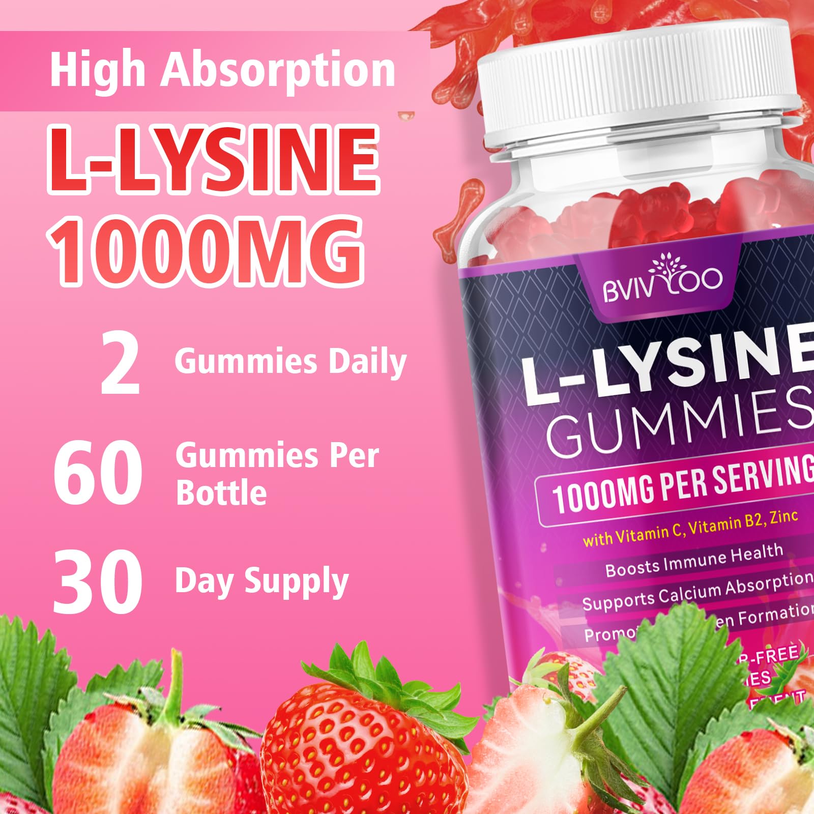 BVIVLOO L-Lysine 1000mg Gummies for Immune Support & Skin Health - High Potency Vegan Gummies, Sugar-Free, Natural Berry Flavor, Gluten-Free Chewable Supplement BVIVLOO uk supplements