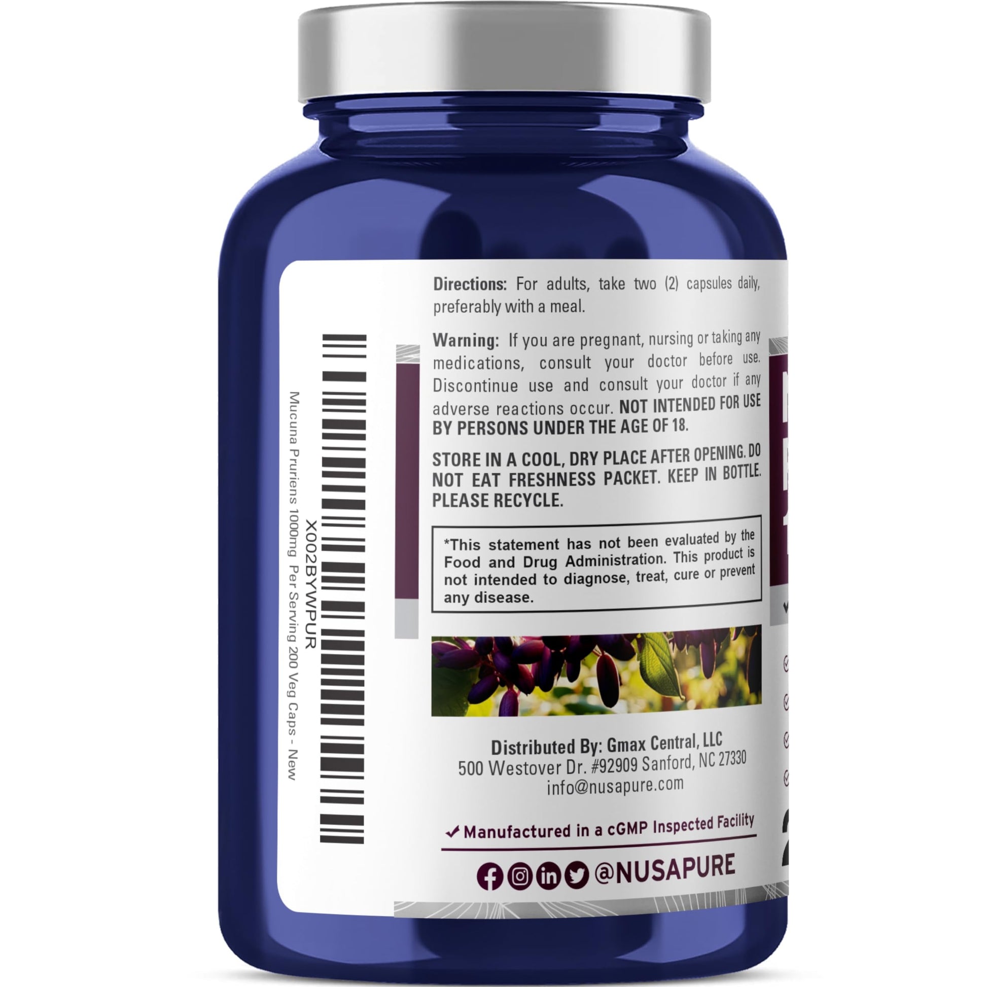 NusaPure Mucuna Pruriens 1000mg 200 Veggie Caps (Non-GMO, 100% Vegetarian, Vegan) NusaPure uk supplements